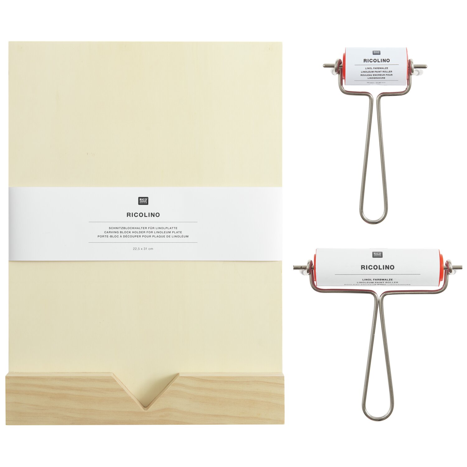 Linolwalze und Schnitzblockhalter von Rico Design in Holzoptik, ideal für kreative Projekte.
