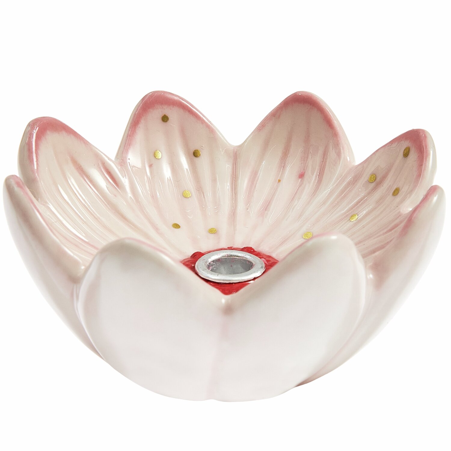 Keramik Kerzenhalter Blüte in Rosa mit goldenen Punkten, 4,4x9x9cm. Ideal für stilvolle Dekoration.
