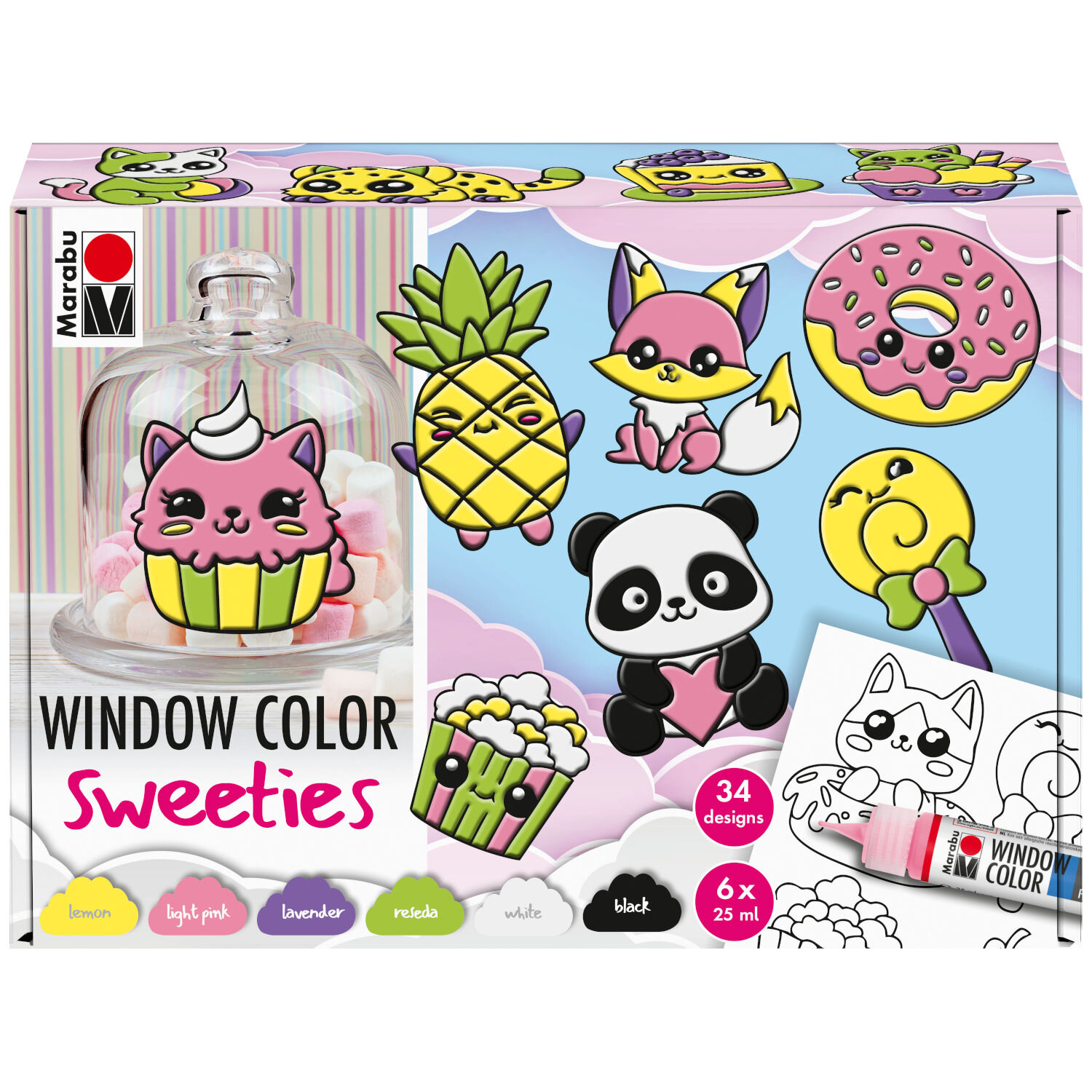 Window Color Set Sweeties, 6-teilig, Bastelset von Marabu mit bunten Fenstermalfarben und süßen Tier‑ und Snackmotiven wie Panda, Fuchs, Donut und Cupcake