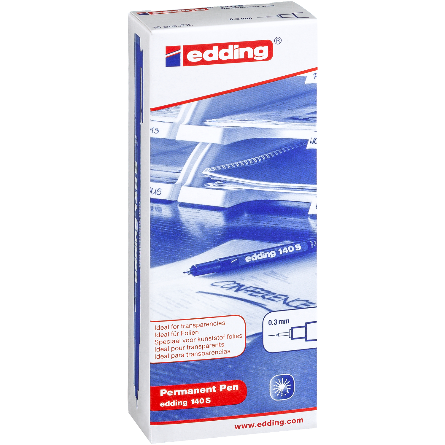 140 S OHP-Marker permanent rot von edding in einer Verpackung, ideal für Folien und Transparente.