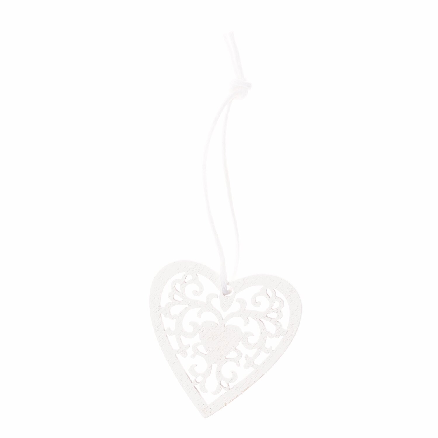 Holzanhänger Ornament Weiß: Herzförmiger Anhänger mit filigranem Muster, ideal für Dekorationen.
