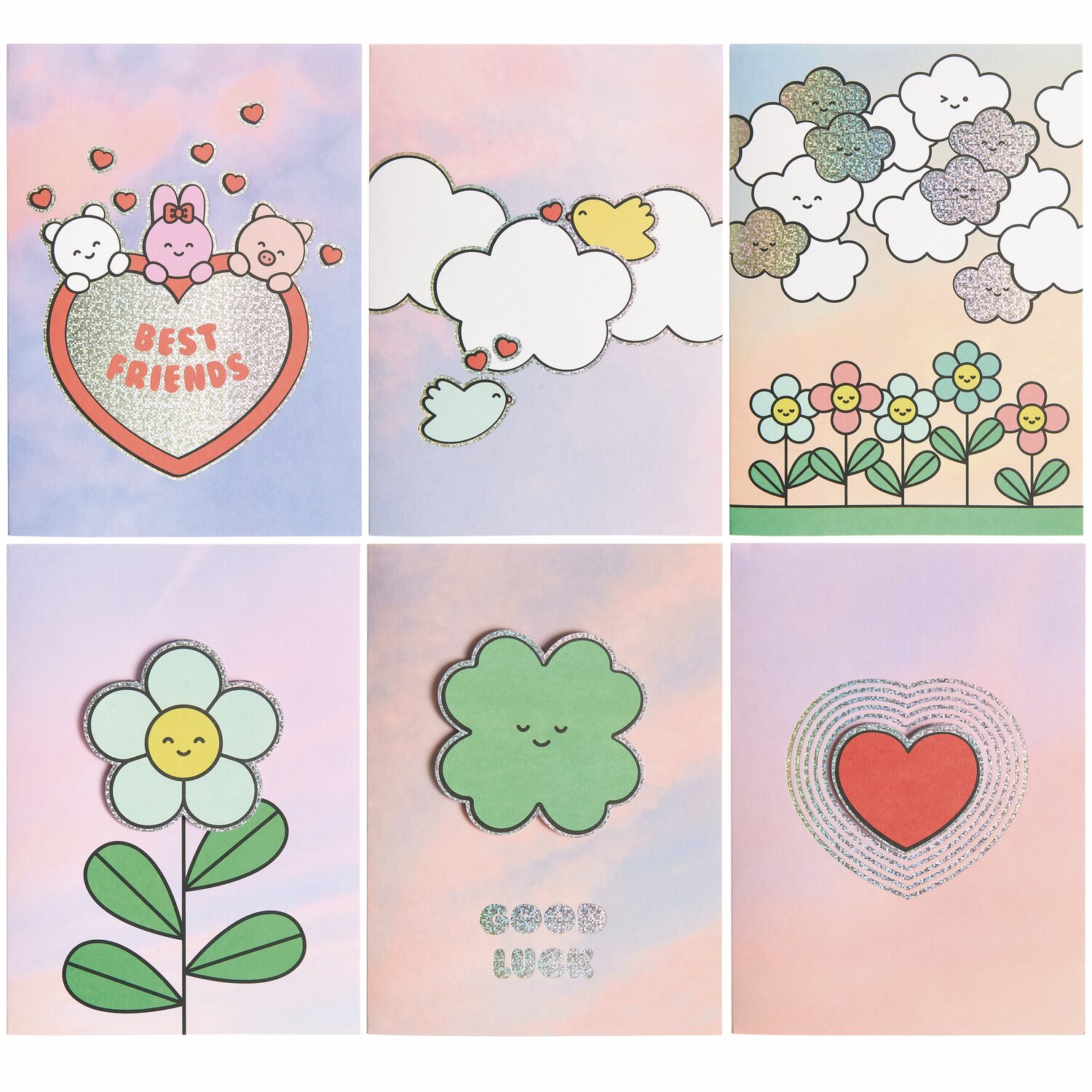 Paper Poetry 3D-Kartenset Chingu mit bunten, fröhlichen Motiven wie Blumen, Herzen und Wolken auf pastellfarbenem Hintergrund.