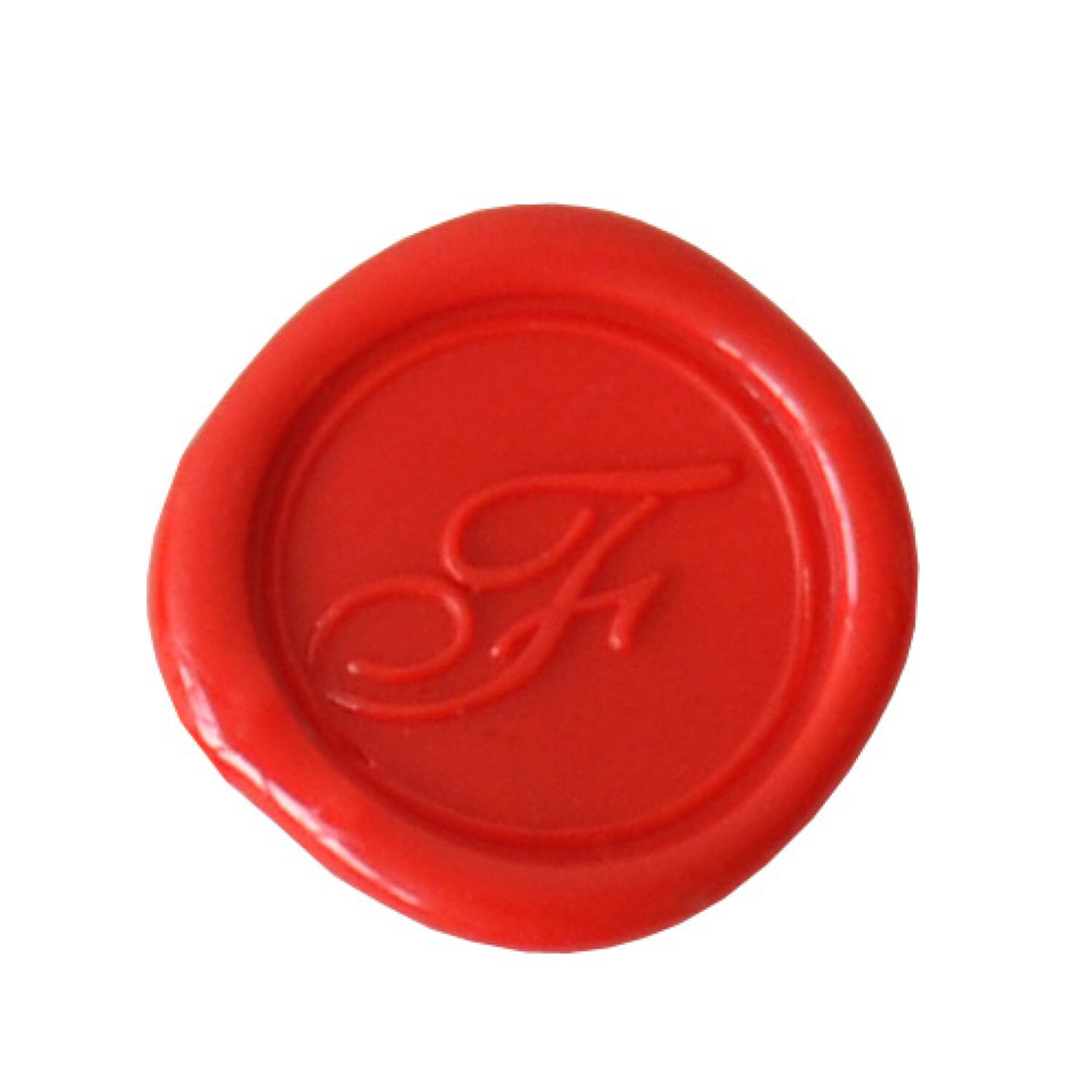 Siegelplatte Buchstabe: Rotes Wachssiegel mit elegantem Buchstaben "F" in der Mitte. Ideal für Briefe.