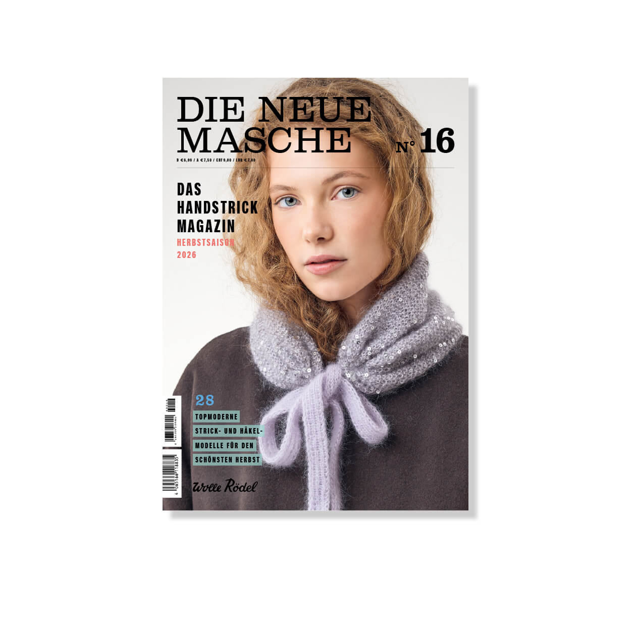 Magazin „Die Neue Masche No. 16“ mit Frau und grau-lilafarbenem gestricktem Accessoire auf dem Cover