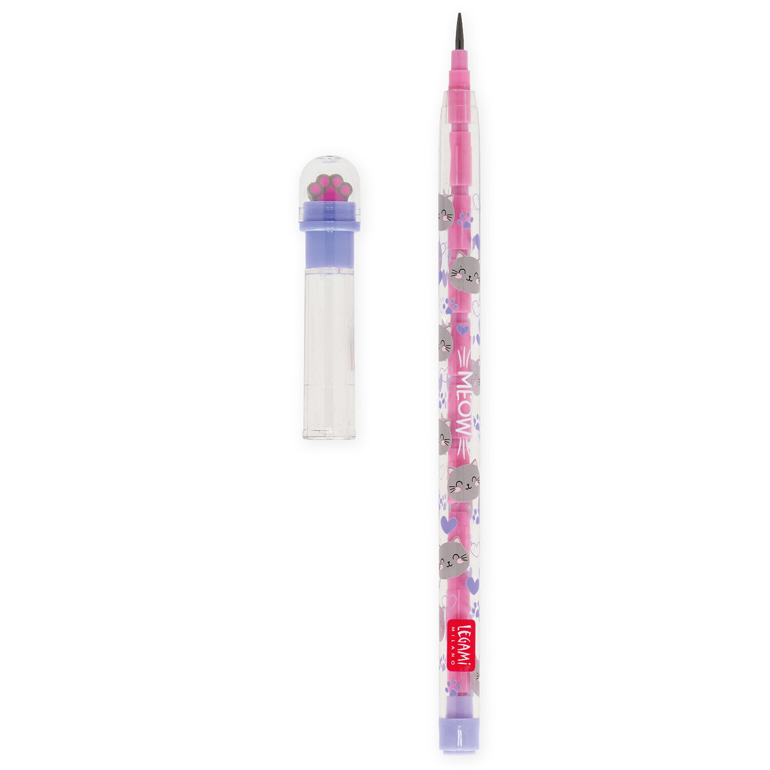 Stackable Pencils, Kitty: Rosa Bleistift mit Katzenmotiv und Ersatzminen, Marke Legami.