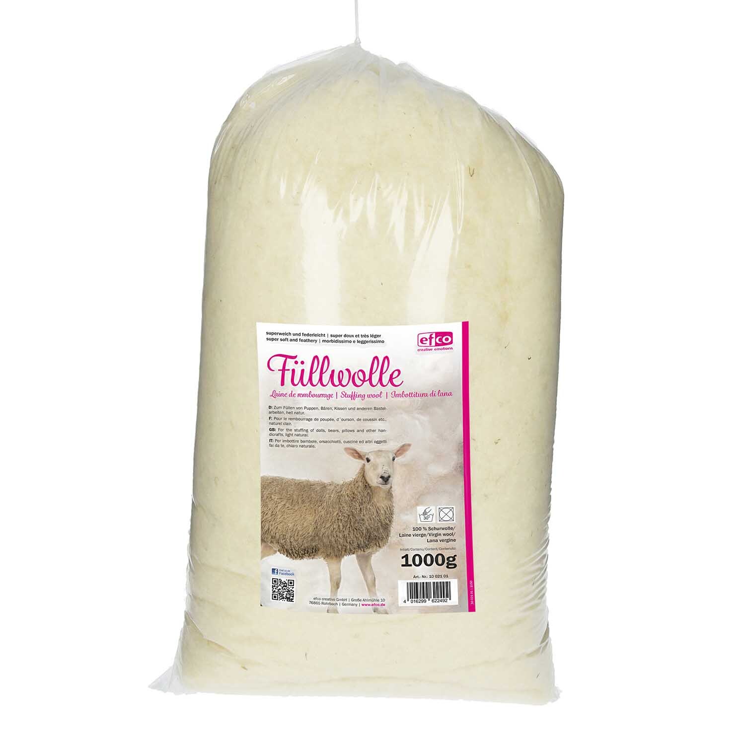 Füllwolle natur von efco: Große Packung mit natürlicher Füllwolle, ideal für Bastelprojekte. Enthält Bild eines Schafes auf der Verpackung.