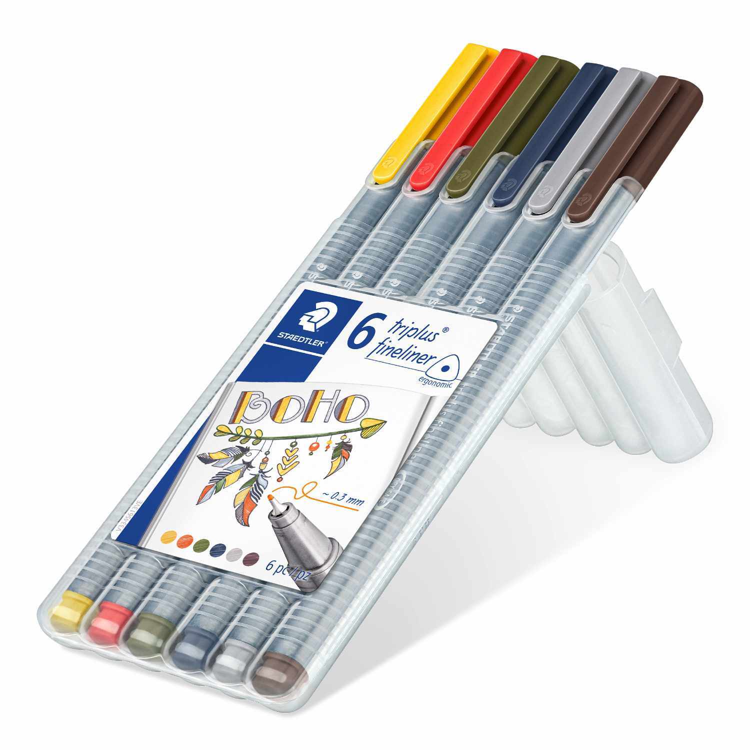 Staedtler 334 Fineliner triplus 6 Stück in verschiedenen Farben, ideal für präzises Zeichnen.
