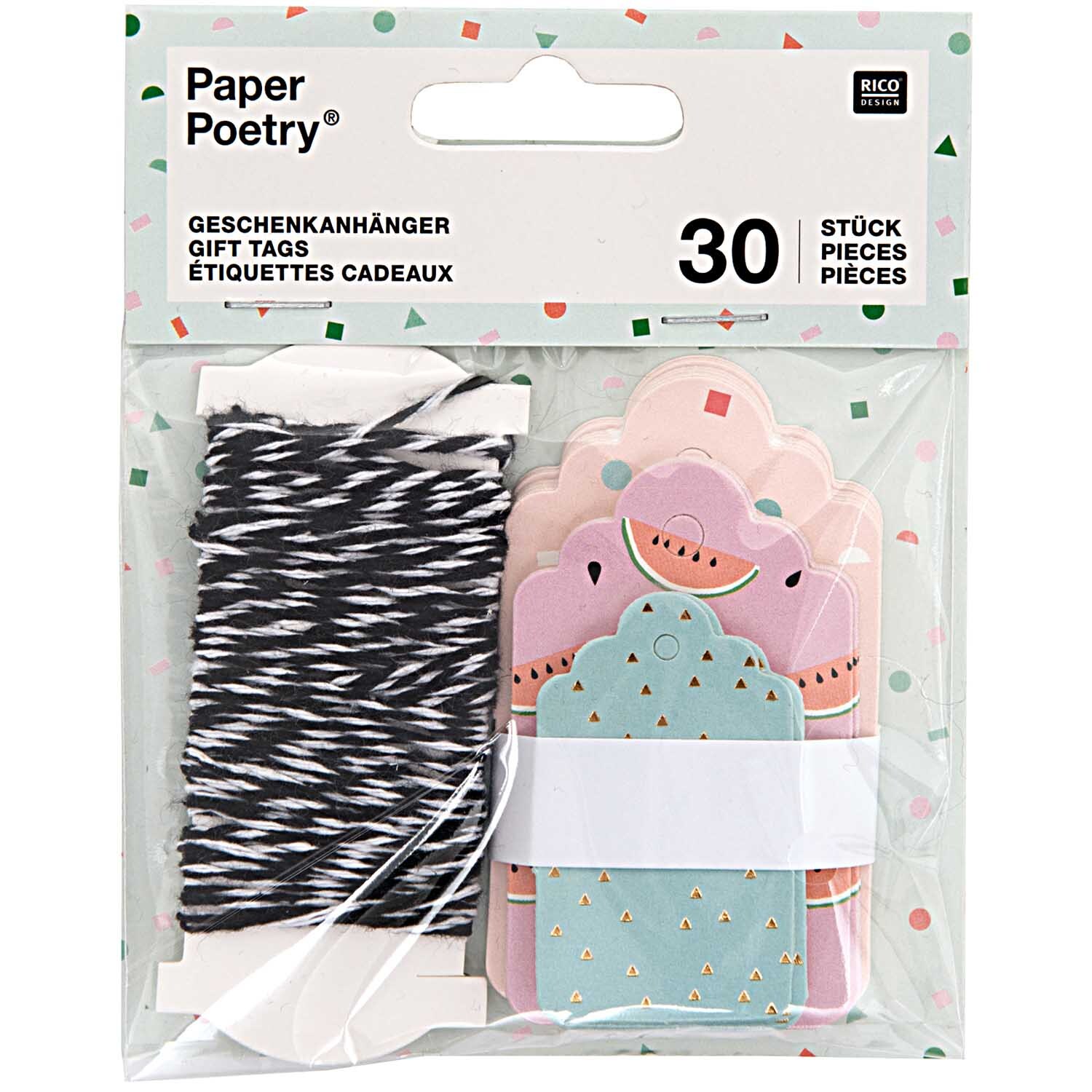 Paper Poetry Geschenkanhänger 30 Stück von Rico Design, mit bunten Designs und Kordel. Ideal für kreative Geschenkverpackungen.