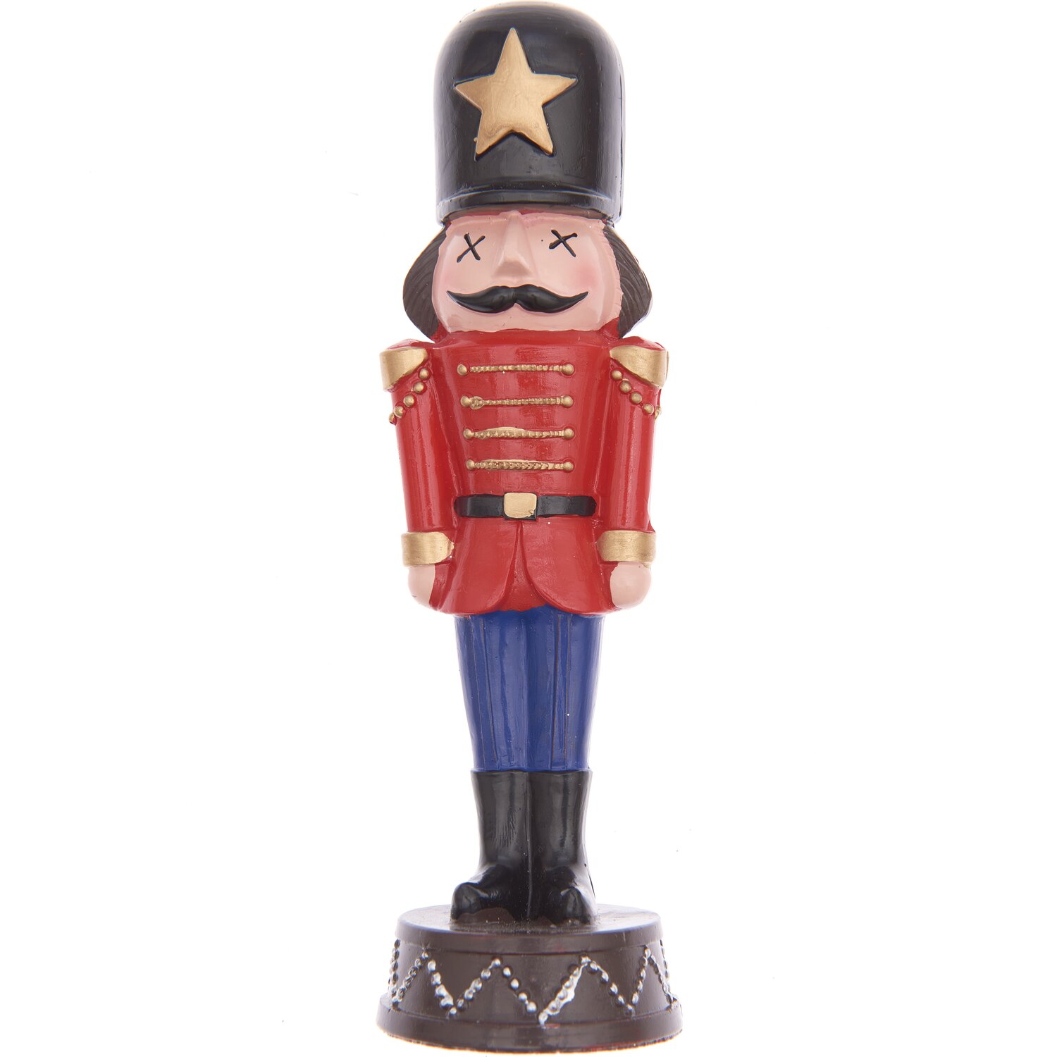 Polyresin Figur Nussknacker 17cm in roter Uniform mit schwarzem Hut und goldenen Details.