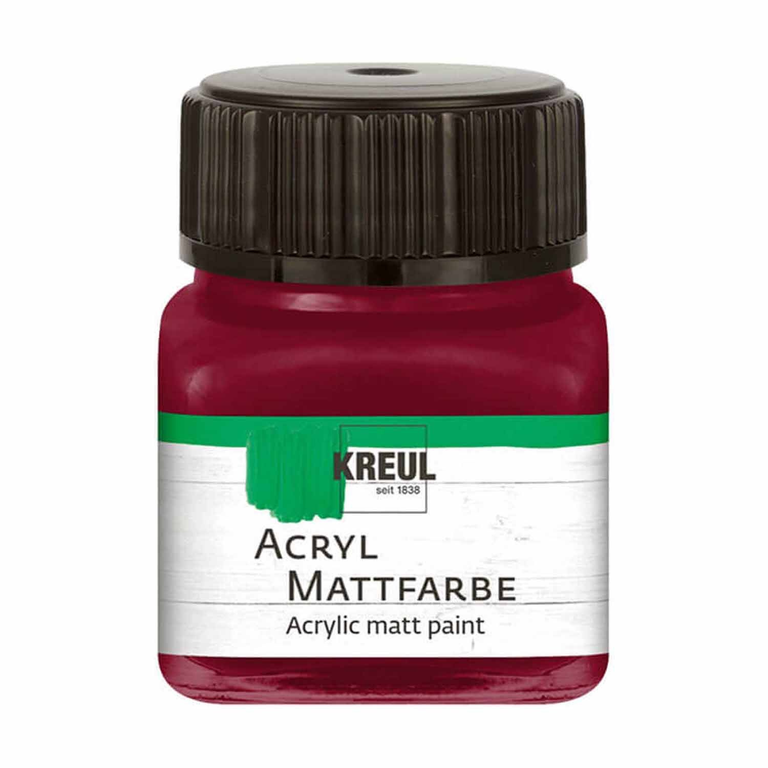 Acryl Mattfarbe 20ml in weinrot von KREUL, abgebildet in einem quadratischen Behälter mit schwarzem Deckel.