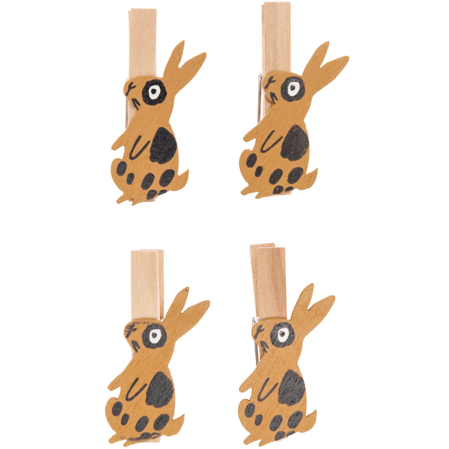 Dekoklammern Hase braun 4 Stück: Vier hölzerne Klammern mit Hasenmotiv in Braun von Rico Design.