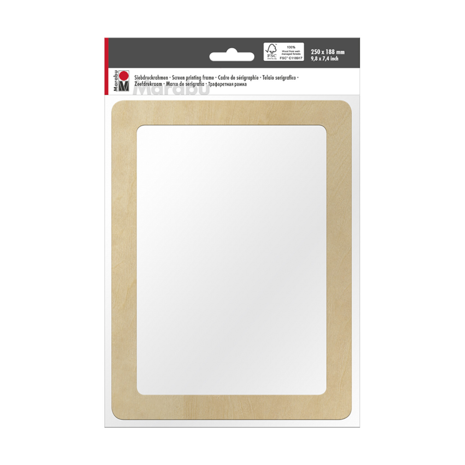Siebdruckrahmen, 250x188x5mm, von Marabu. Rechteckiger Holzrahmen mit weißem Innenbereich, ideal für kreative Druckprojekte.