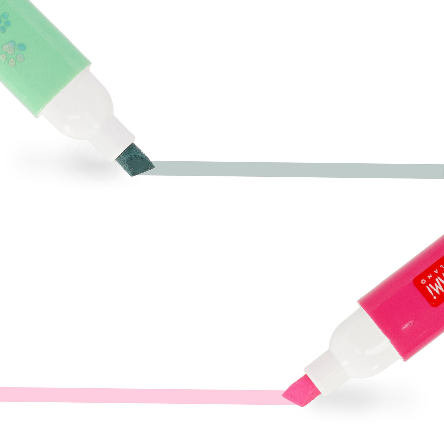 Highlighter Meow, Legami, 6-teilig: Zwei Marker in Mintgrün und Pink ziehen farbige Linien.