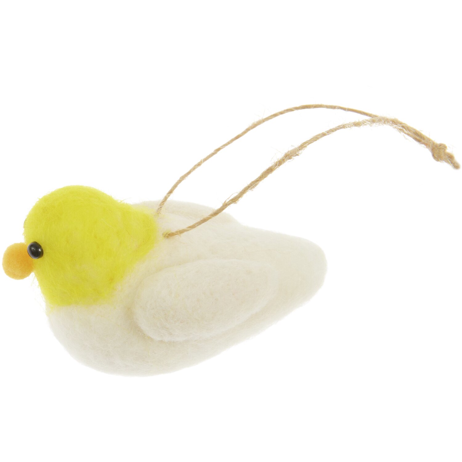 Aufhänger Filz-Vogel Gelb-Weiß: Dekorativer Filzvogel in Gelb und Weiß mit Aufhängung, 4,4x4,5x7cm.