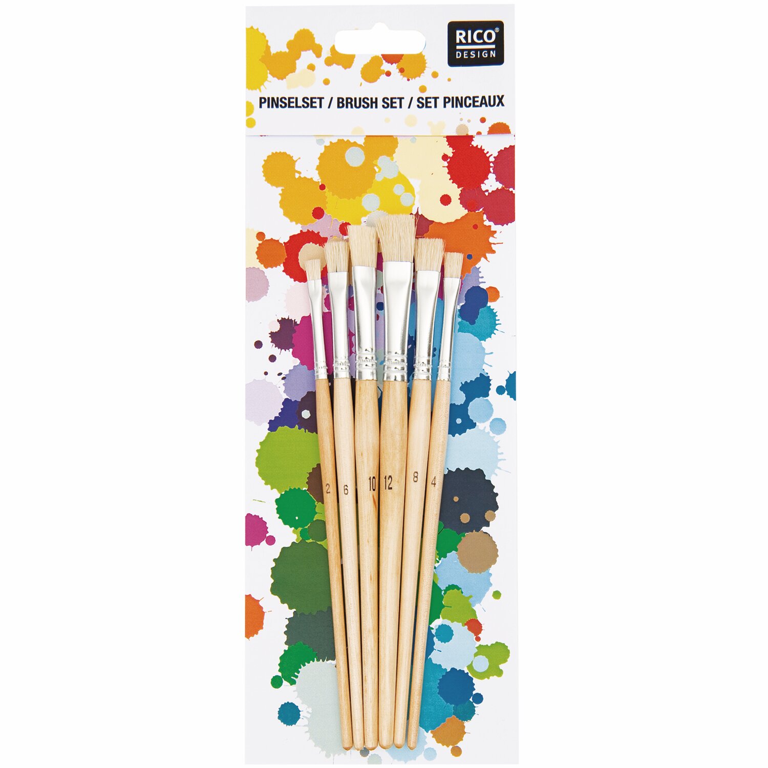 Borstenpinsel flach 6er Set von Rico Design, naturfarbene Griffe, ideal für kreative Malprojekte. Verpackung mit buntem Spritzmuster.