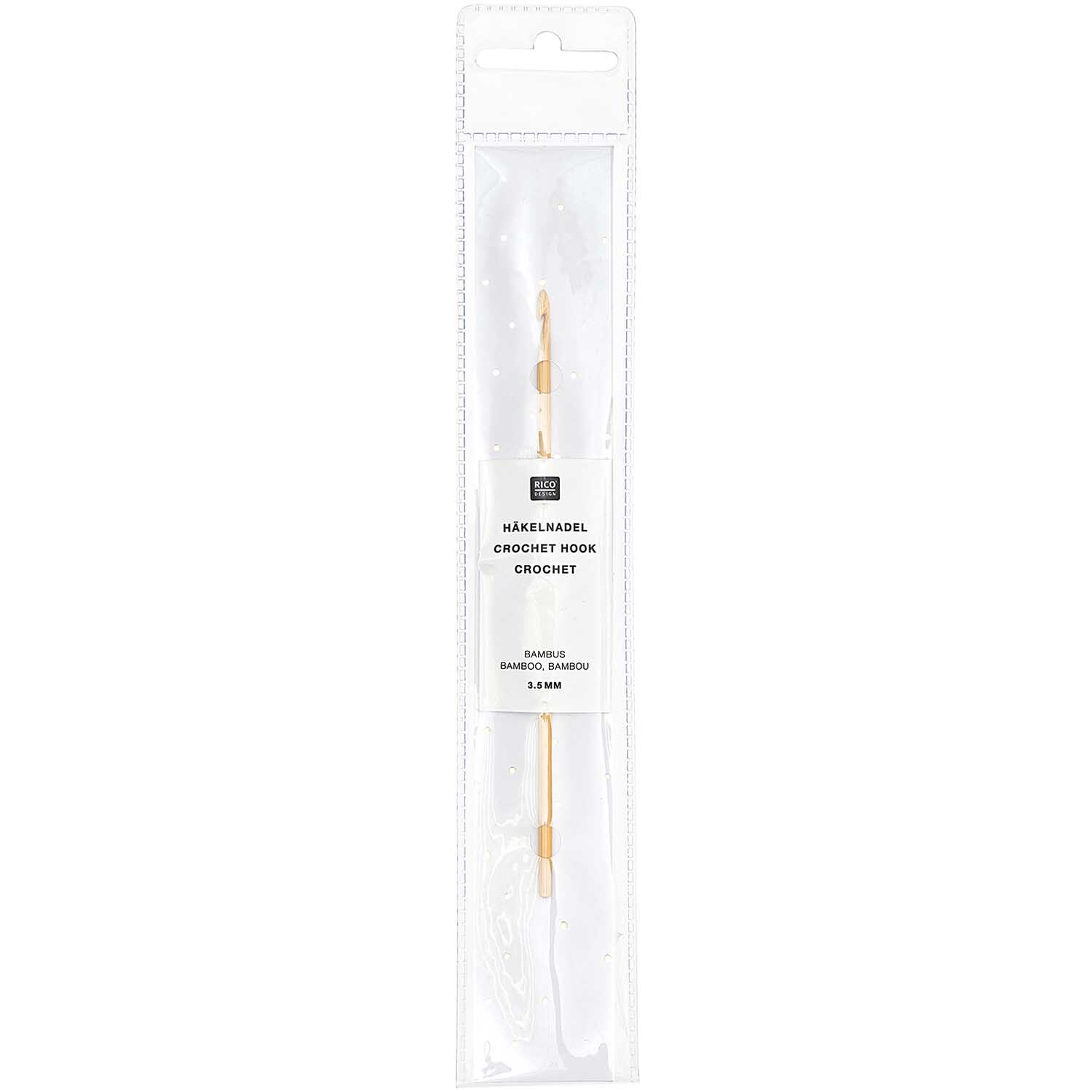 Häkelnadel Bambus Stärke 3,5 von Rico Design Häkelnadel Bambus von Rico Design in transparenter Verpackung, ideal für Handarbeitsprojekte.