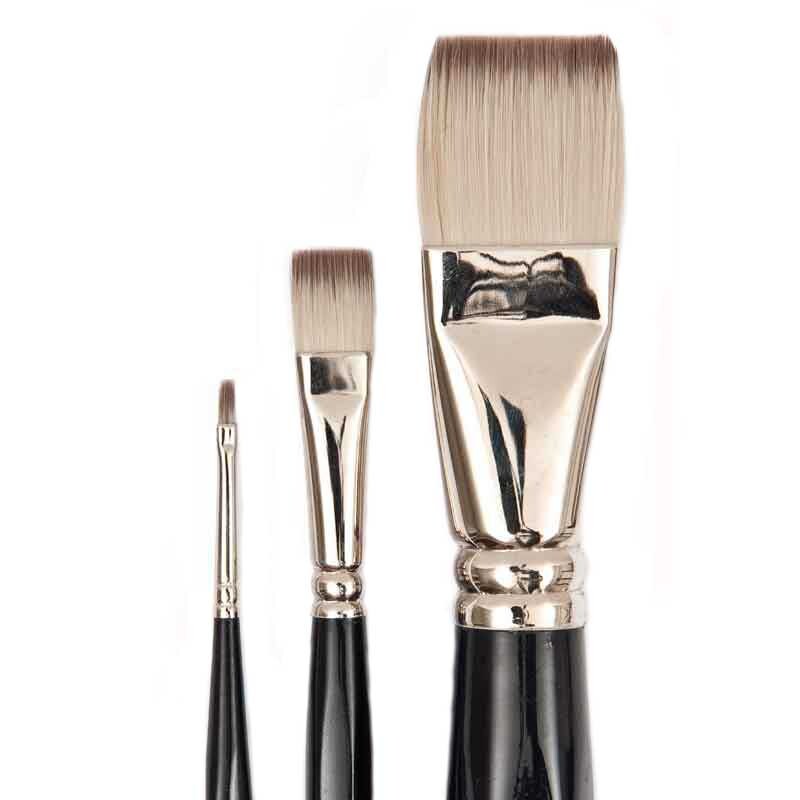 Fine Art Acryl Synthetic Farbmix flach: Drei Pinsel mit flachen Borsten und schwarzem Griff von Rico Design.