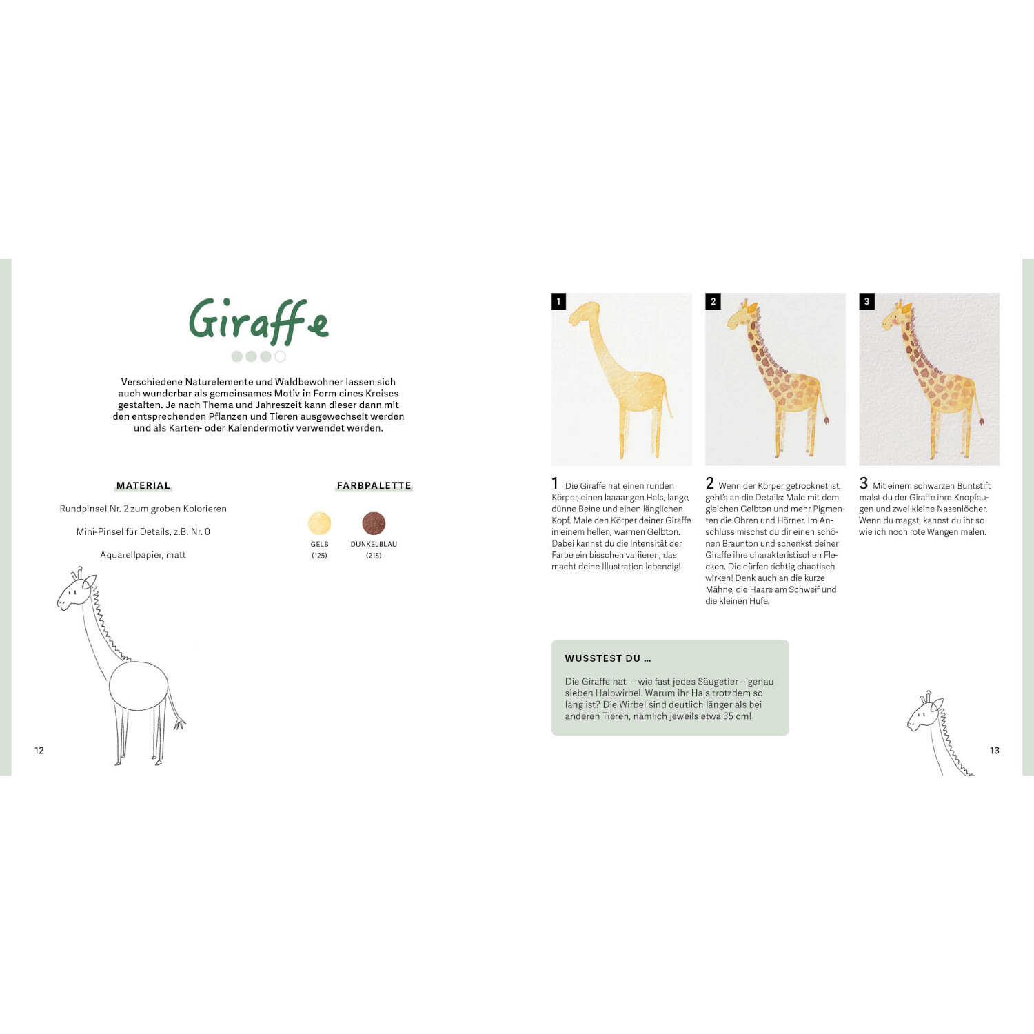 Mini Watercolor - Tiere: Anleitung zur Aquarellmalerei einer Giraffe mit Schritt-für-Schritt-Bildern.
