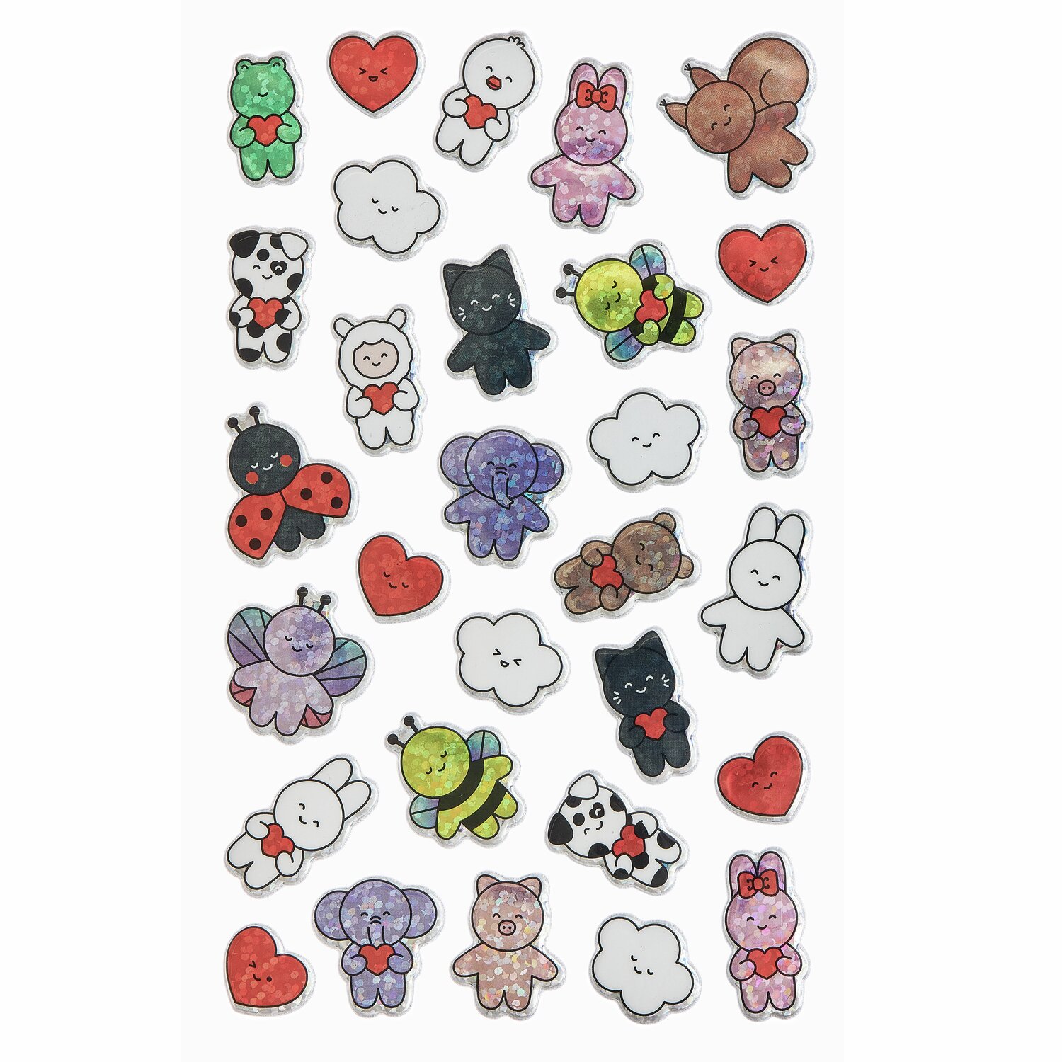 Paper Poetry Puffy Sticker Chingu: Bunte, niedliche Tier- und Herzsticker auf weißem Hintergrund.