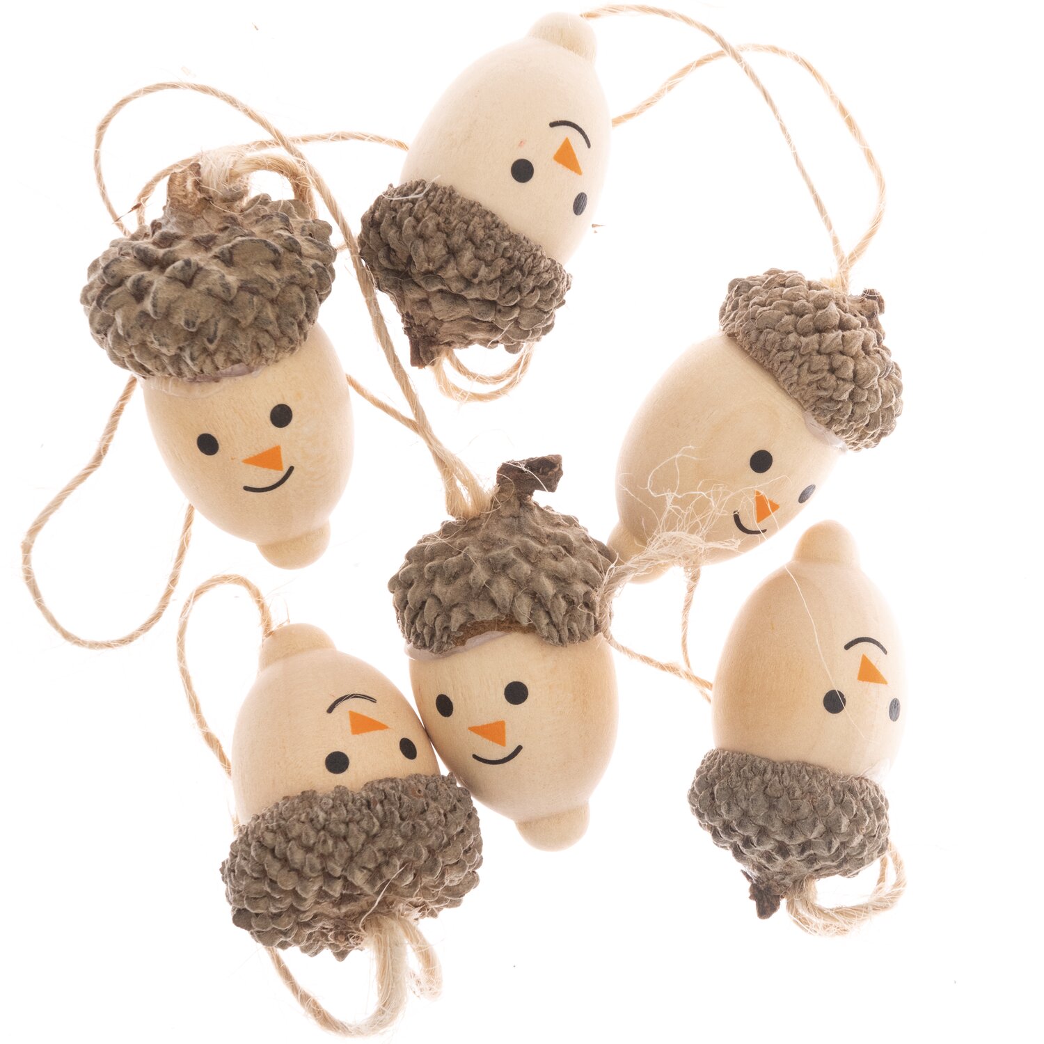 Holzhänger Schneemann 20x25mm 6 Stück, naturfarbene Dekoration von Rico Design mit fröhlichen Gesichtern und Juteschnur zum Aufhängen.