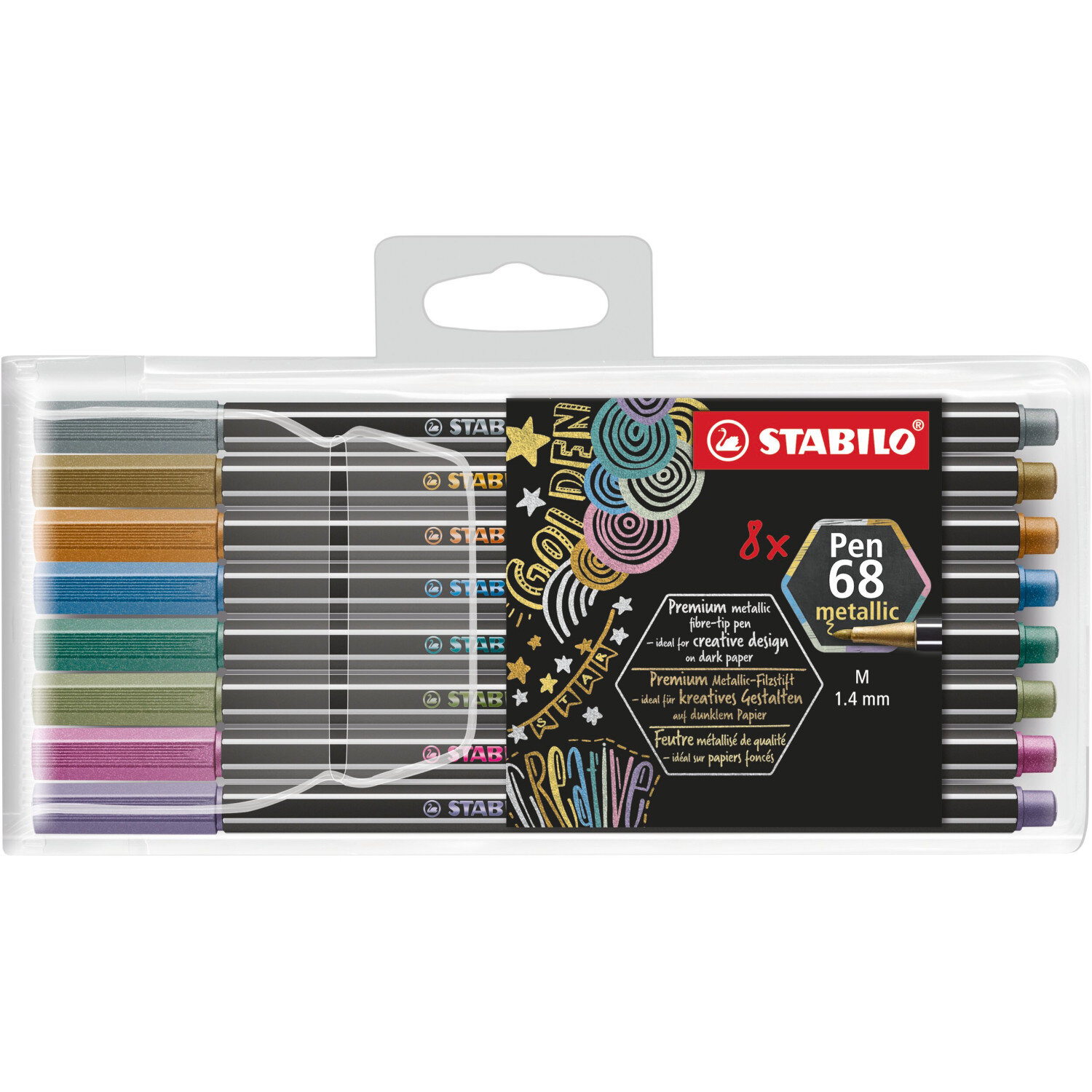 Pen 68 Metallic im Kunststoffetui mit 8 Farben von STABILO, ideal für kreative Projekte.