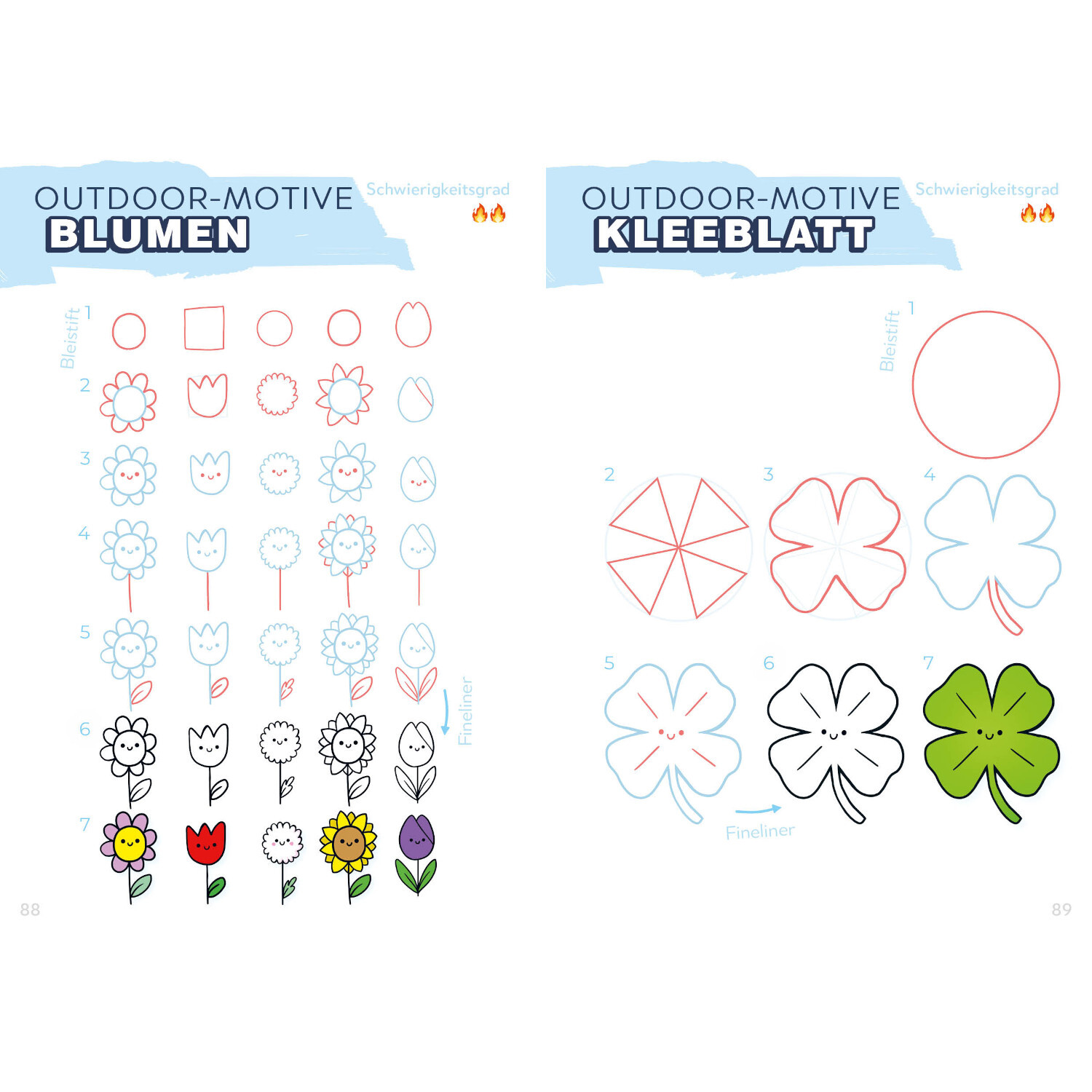 Die Kawaii-Zeichenschule zeigt Schritt-für-Schritt-Anleitungen für Blumen und Kleeblätter.