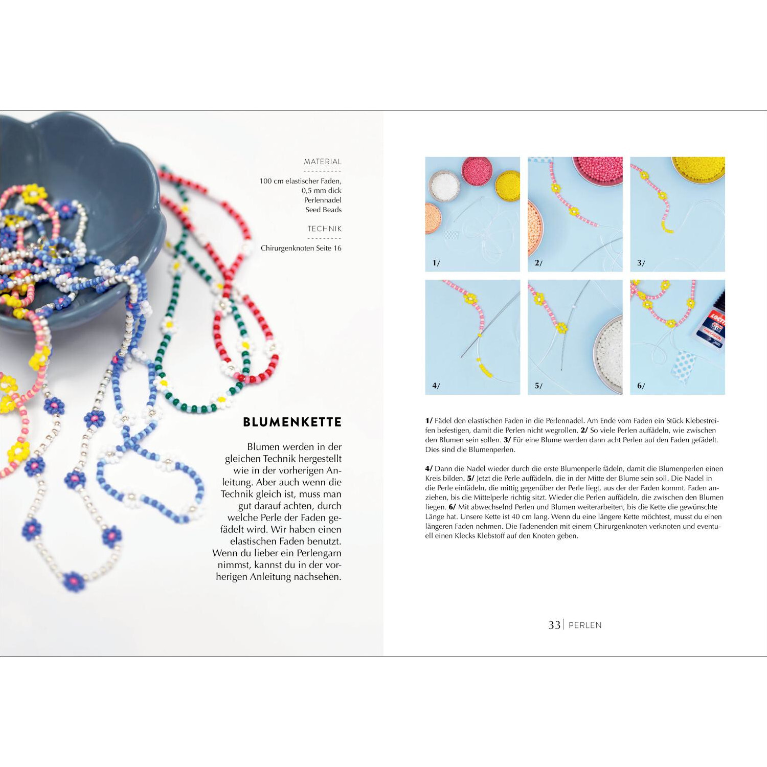 Ketten handmade: Bunte Blumenketten aus Perlen auf einem Teller, Anleitung von Christophorus Verlag.