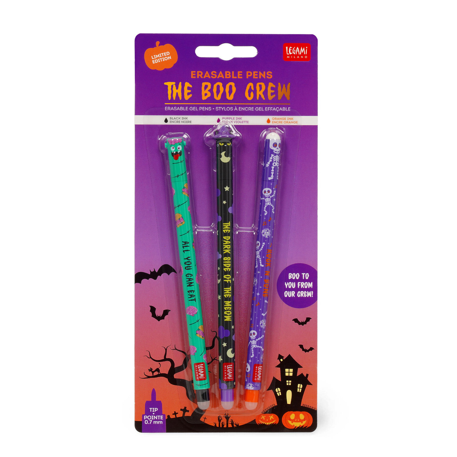 Erasable Gel Pen Set The Boo Crew, 3-teilig, in lila Verpackung mit Halloween-Motiven. Marke Legami.