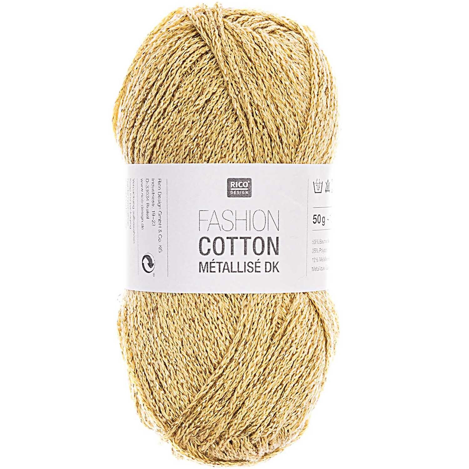 Fashion Cotton Métallisé dk 50g 125m Farbe Gelbgold von Rico Design Fashion Cotton Métallisé dk: Gelbgoldenes Garn von Rico Design, 50g Knäuel mit 125m Länge. Ideal für kreative Strickprojekte.