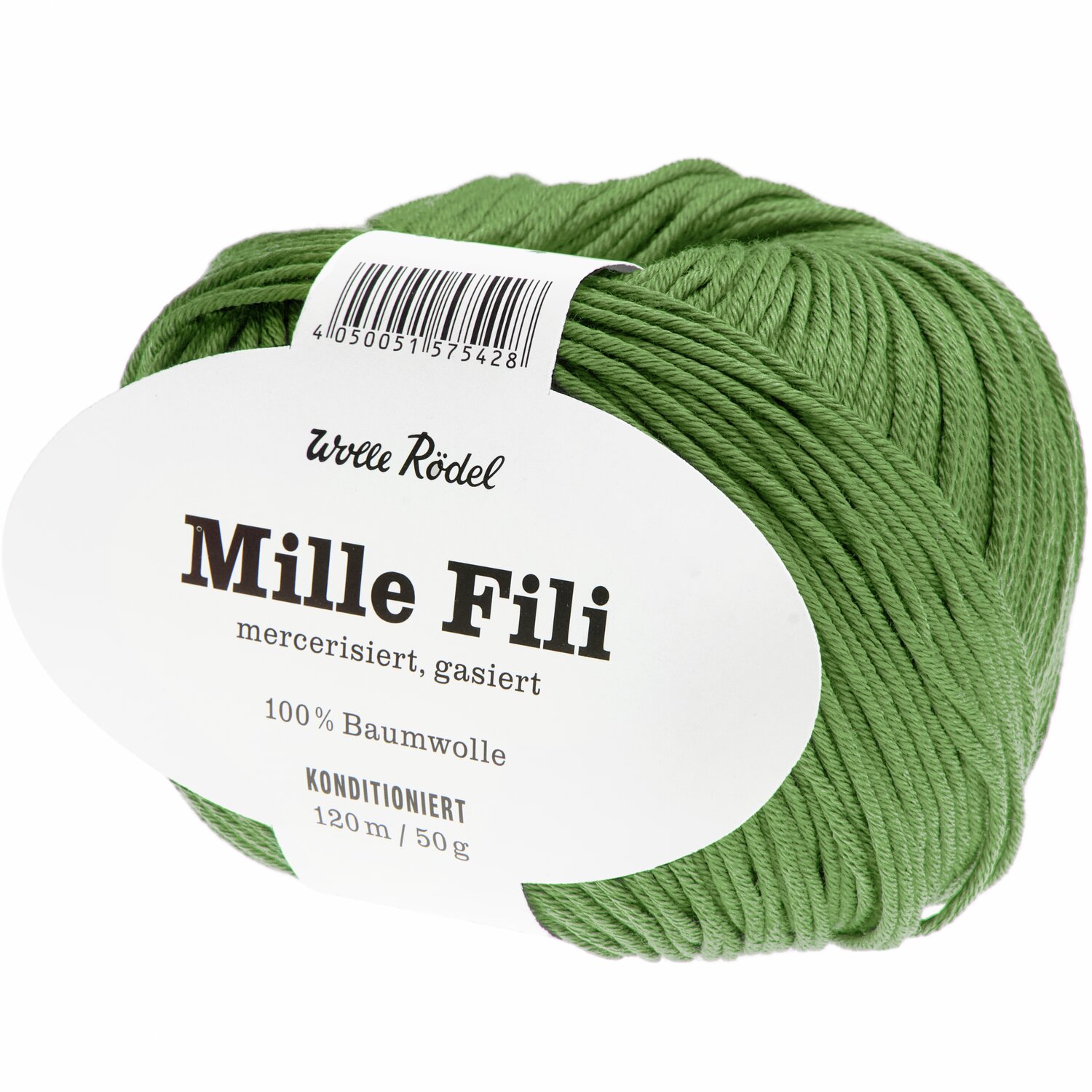 Mille Fili Wolle in Moosgrün von Wolle Rödel, 100% Baumwolle, 50g Knäuel, ideal zum Stricken.