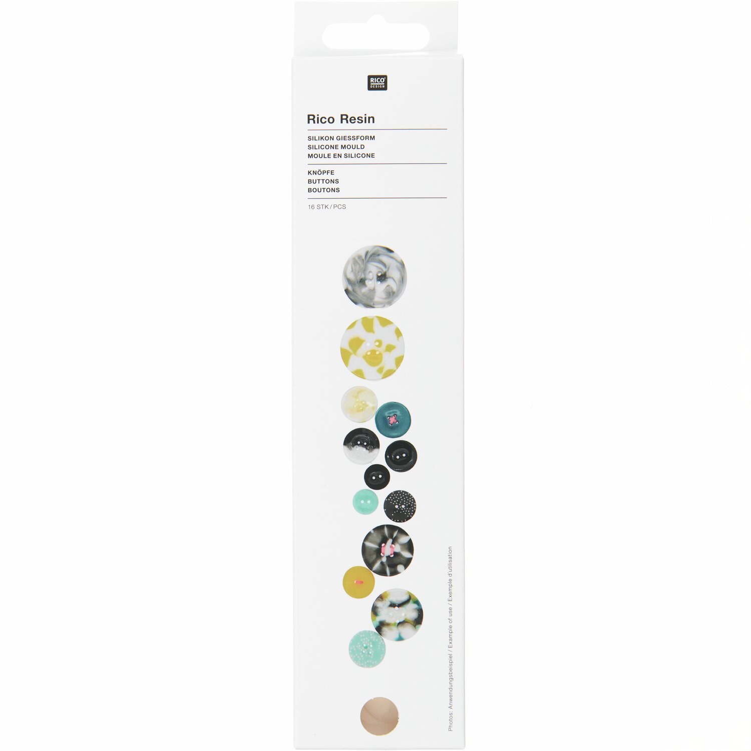 Silikon Gießform Knöpfe von Rico Design, präsentiert in einer weißen Verpackung mit bunten Knopfdesigns. Ideal für kreative Bastelprojekte.