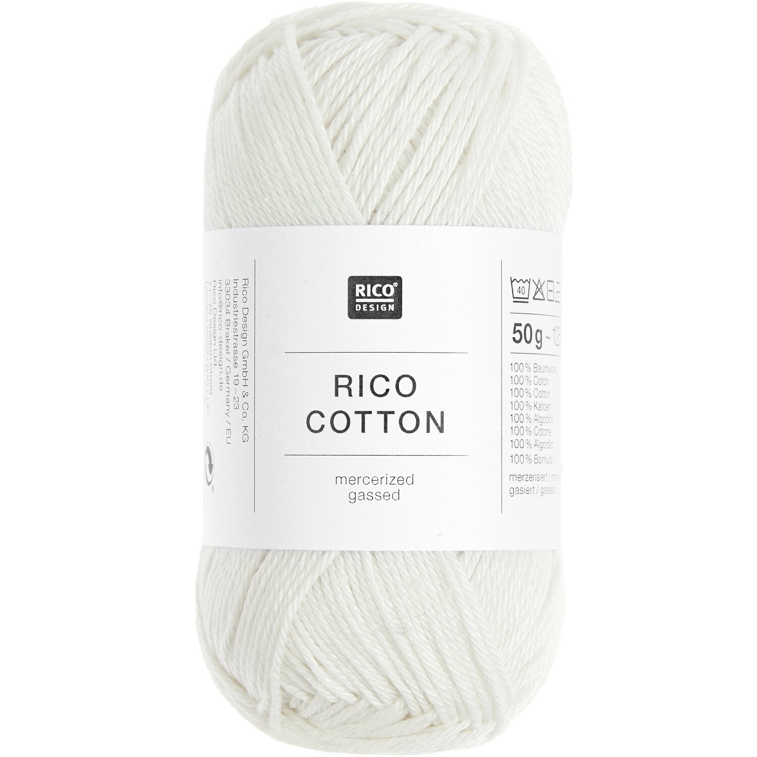 Rico Cotton: Weißes Baumwollgarn von Rico Design, 50g, 125m, ideal für Strickprojekte.