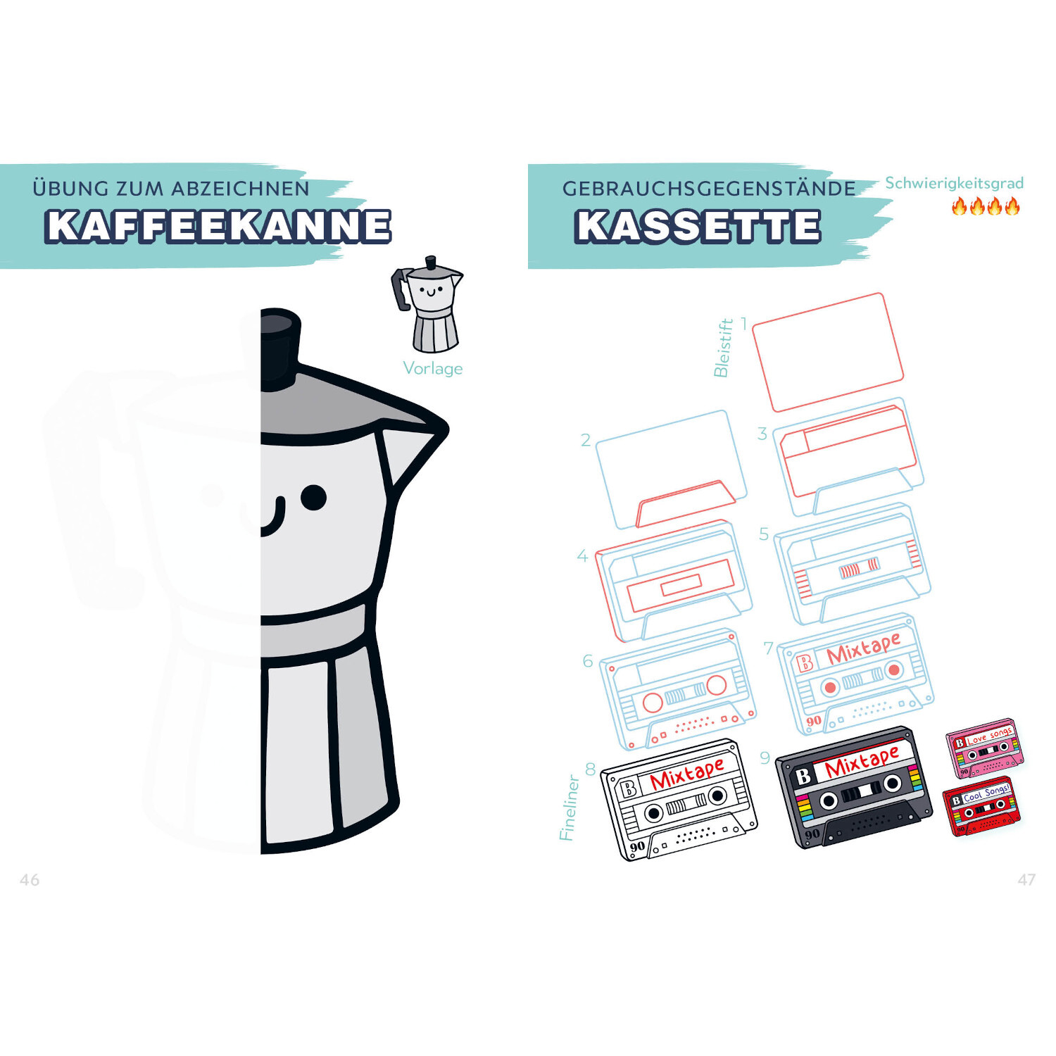 Die Kawaii-Zeichenschule - Niedlich zeichnen: Übung zum Abzeichnen einer Kaffekanne und Kassette.