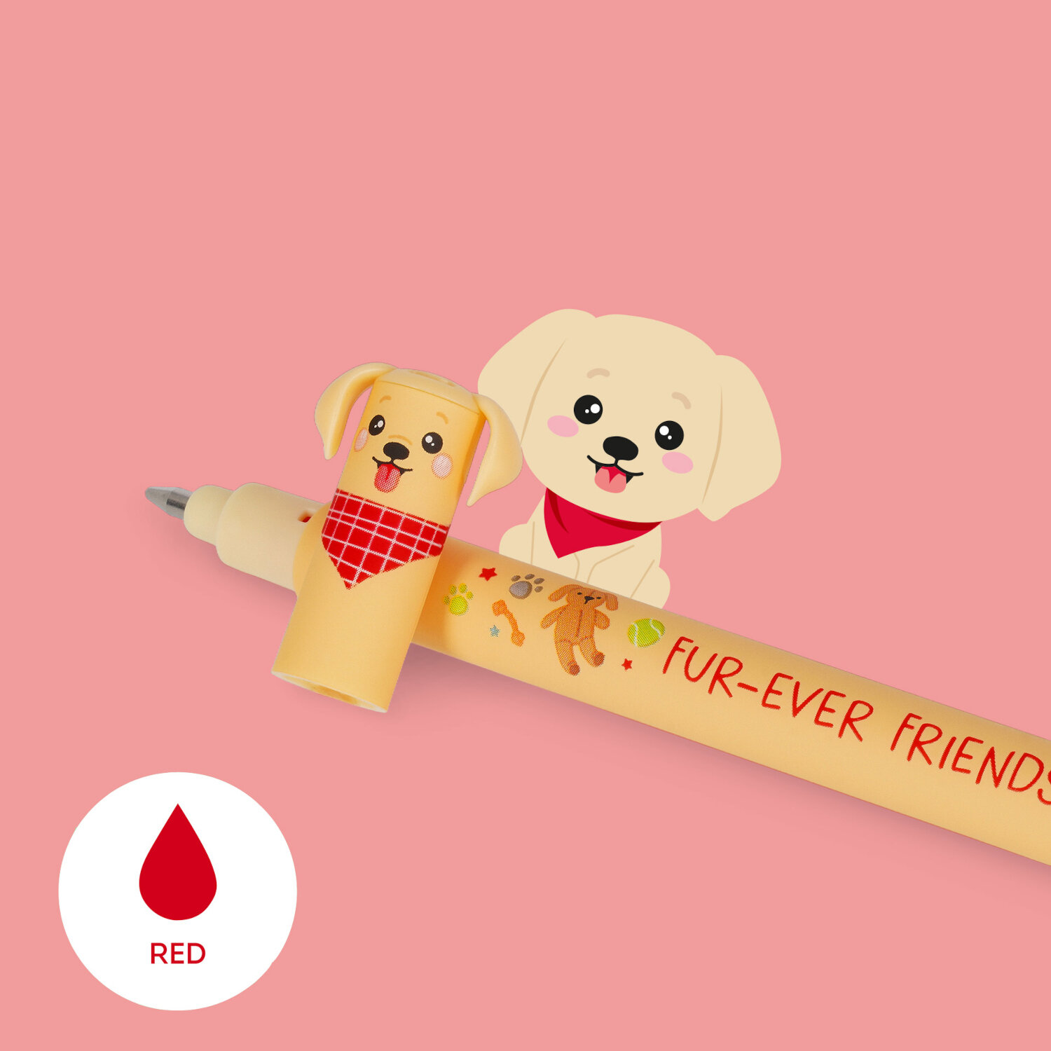 Erasable Gel Pen Set 3 Stück Fur-ever Friends BTS 26 zeigt gelben Legami Gelstift mit Hundemotiv und roter Tinte vor rosafarbenem Hintergrund