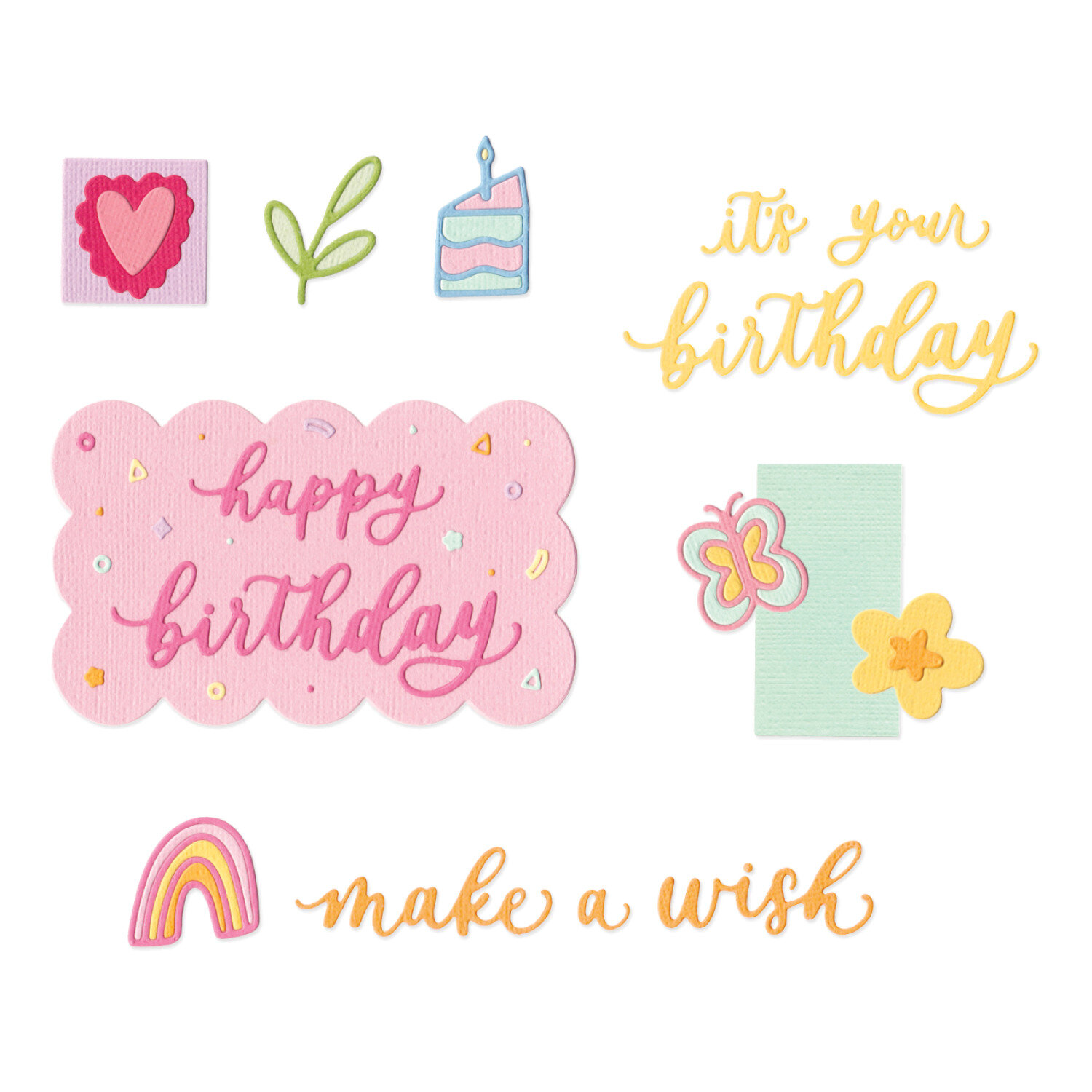 Sizzix Thinlits Die Set Birthday Doodles 23 Stück zeigt bunte Stanzschablonen mit Kuchenstück, Schmetterling, Regenbogen, Herz und Schriftzügen für Geburtstagskarten.