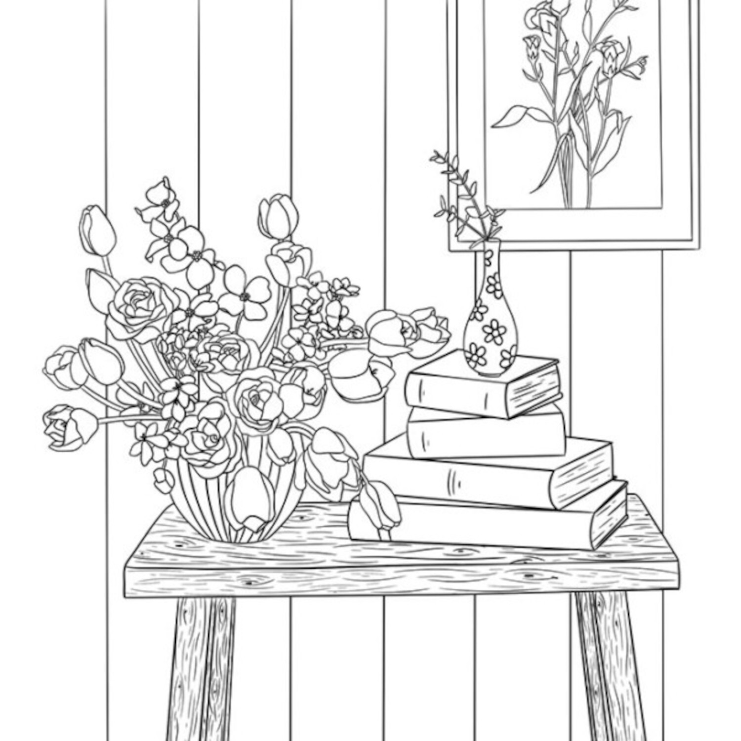 Colorful World - Quelle der Gelassenheit: Schwarz-weißes Bild mit Blumenstrauß, Büchern und Vase auf Holztisch vor Holzpaneelwand.