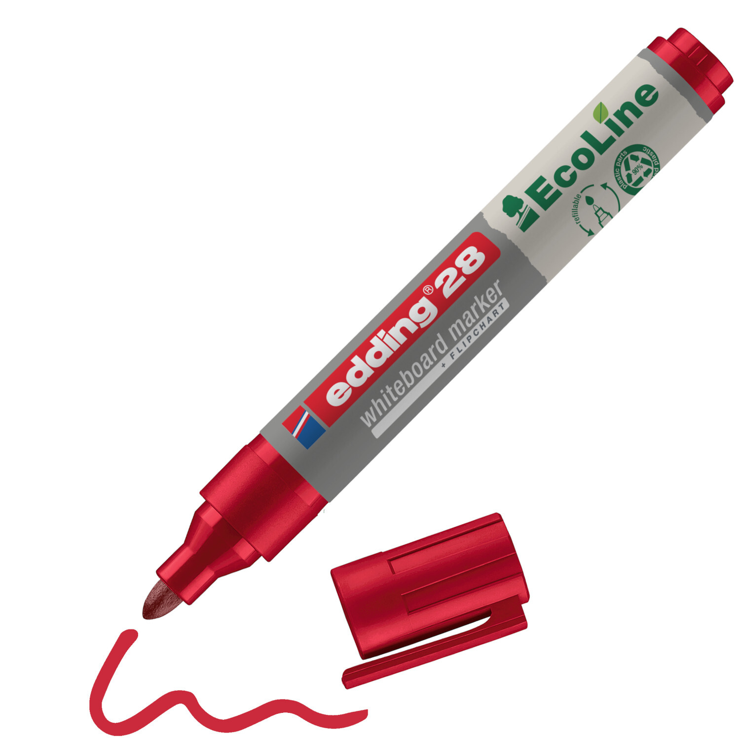 28 EcoLine Whiteboardmarker 1,5-3mm Farbe Rot von edding International 28 EcoLine Whiteboardmarker 1,5-3mm in Rot von edding, mit abnehmbarer Kappe und gezeichneter Linie. Ideal für Whiteboards.