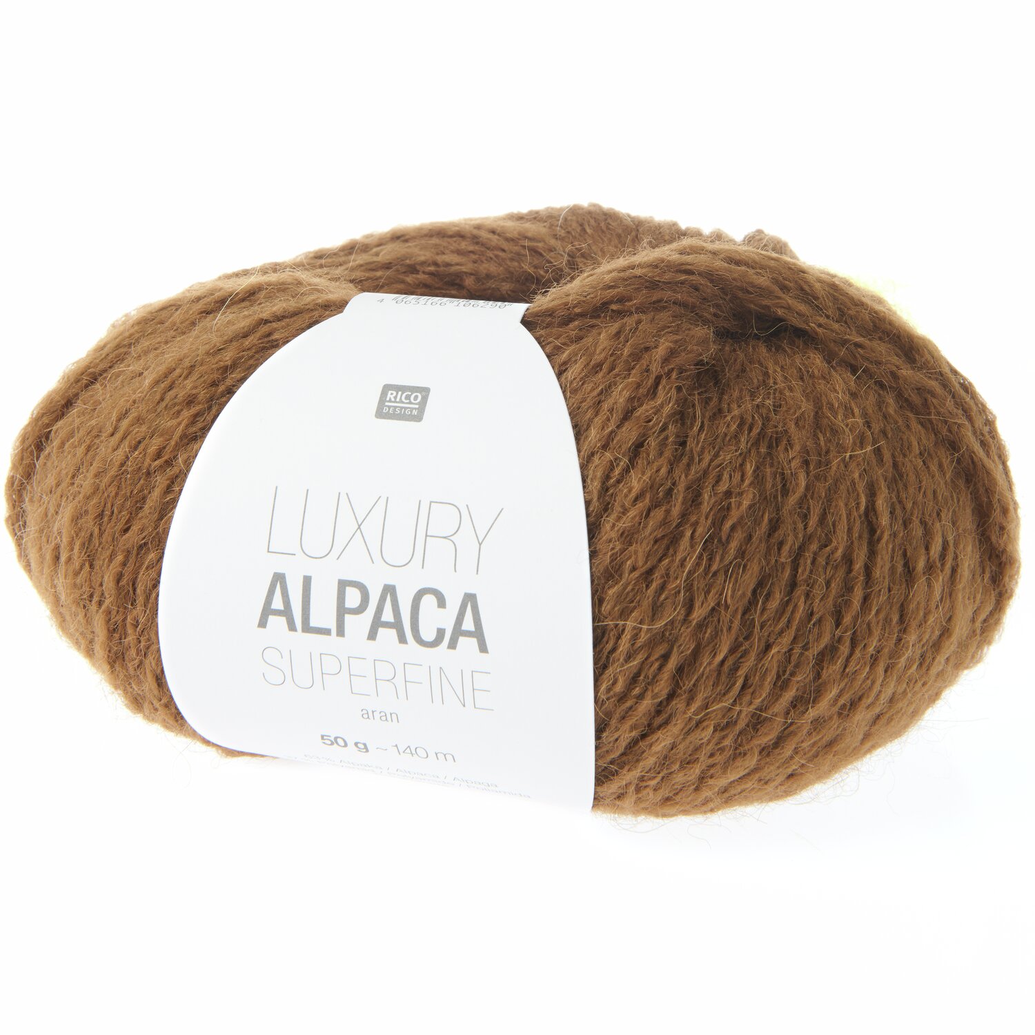 Rico Luxury Alpaca Superfine aran, braunes Garnknäuel, 50g 140m, ideal für Strickprojekte.