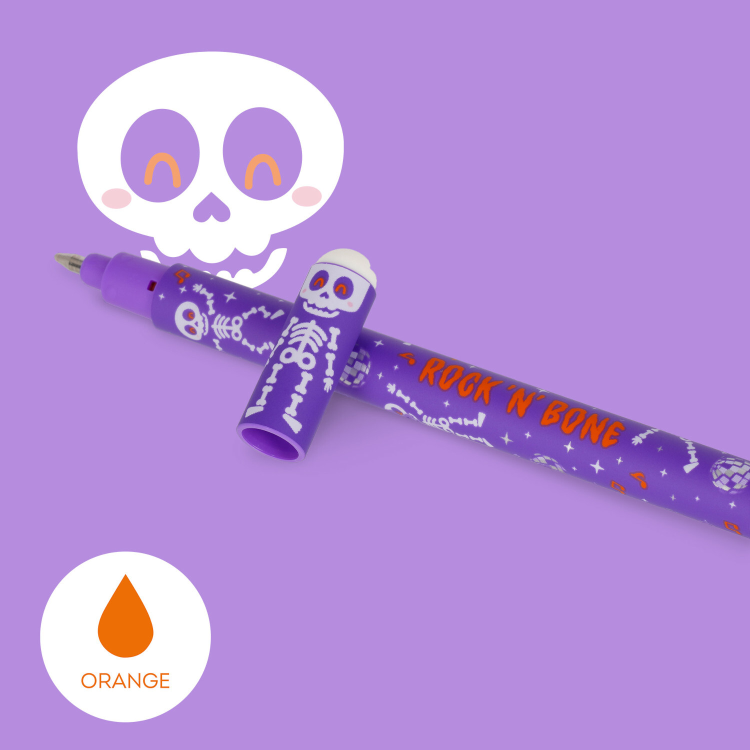 Erasable Gel Pen Set The Boo Crew, lila Stift mit Skelett-Design, orange Tinte, 3-teilig.