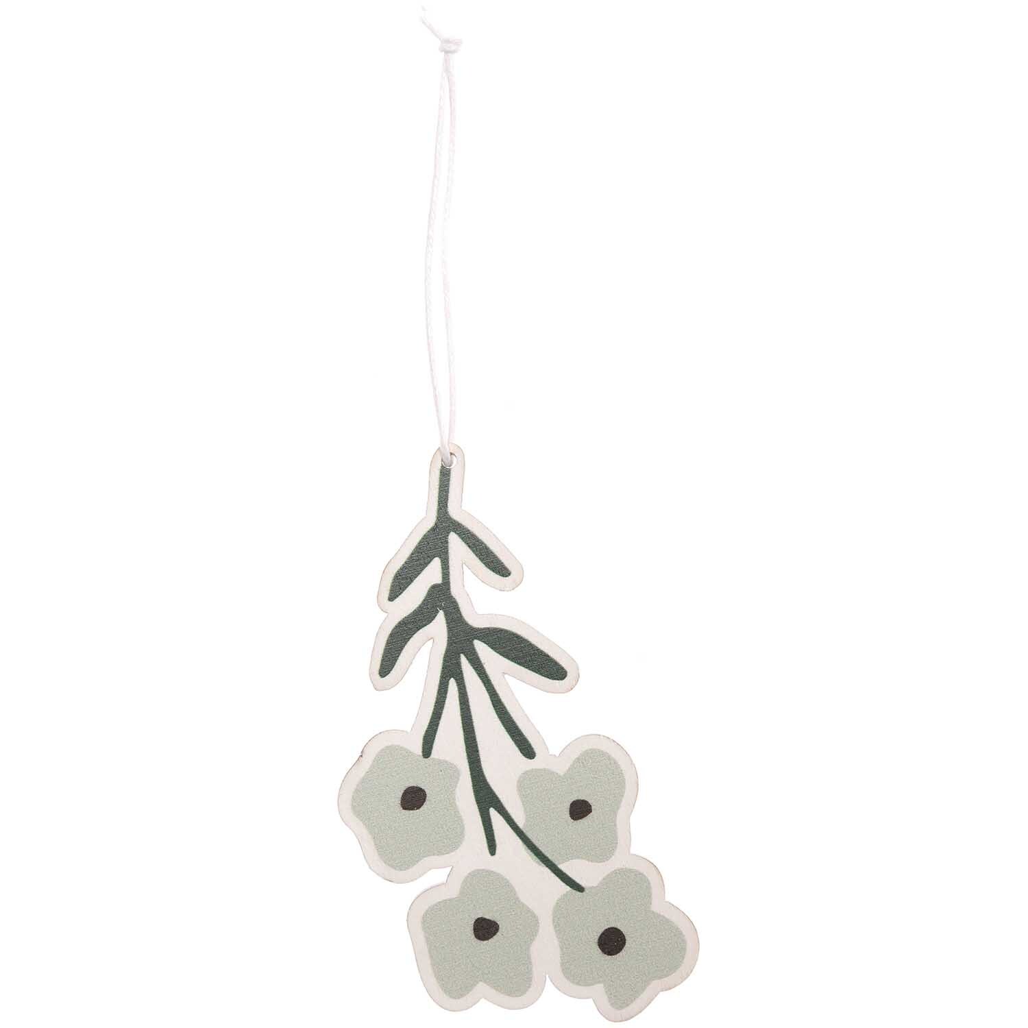 Holzhänger Blume mint von Rico Design zeigt grüne Blumen an einem Zweig, ideal für Dekorationen.