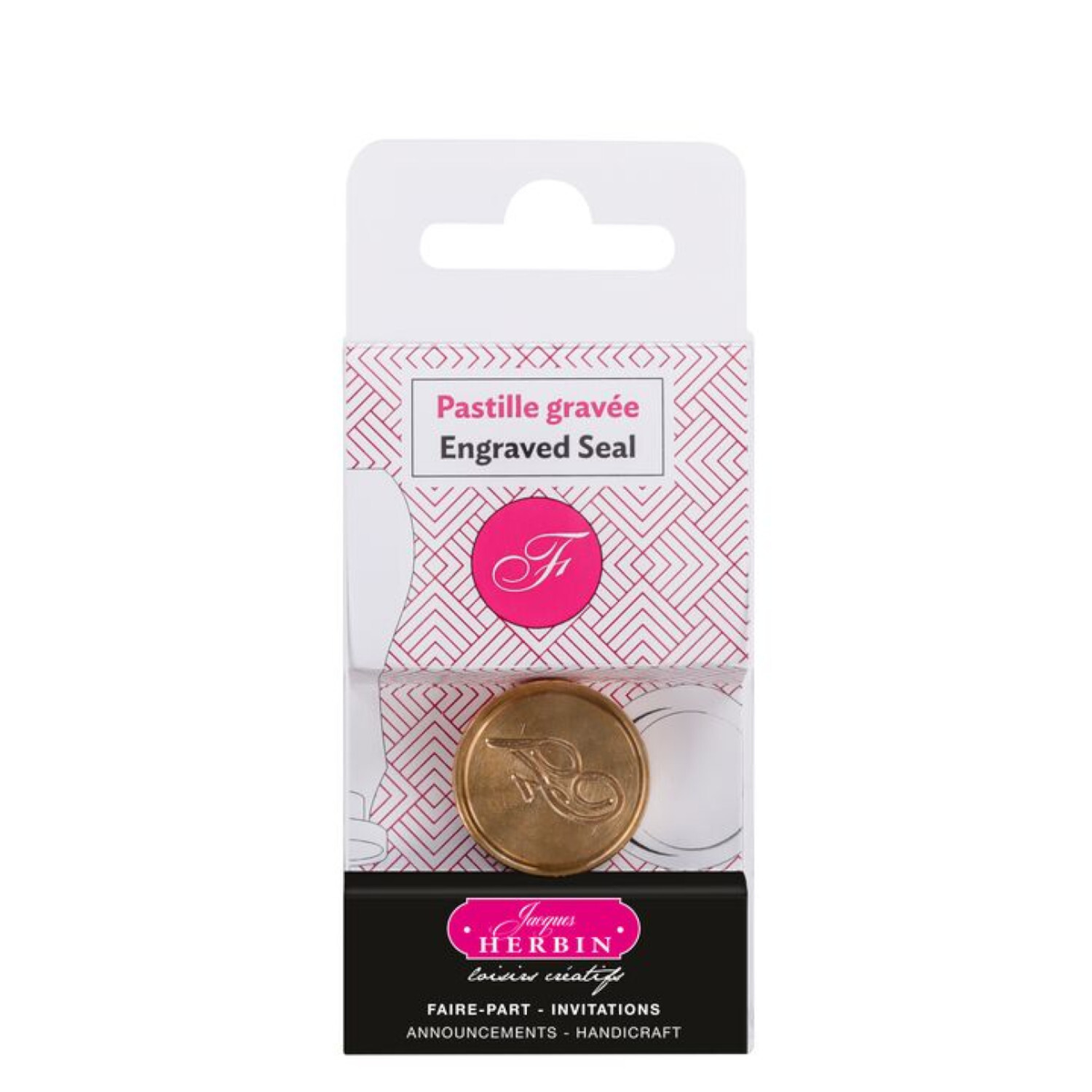Siegelplatte Buchstabe, graviertes Siegel in Gold von Herbin, ideal für Einladungen und Handwerk. Verpackung in Weiß und Pink.