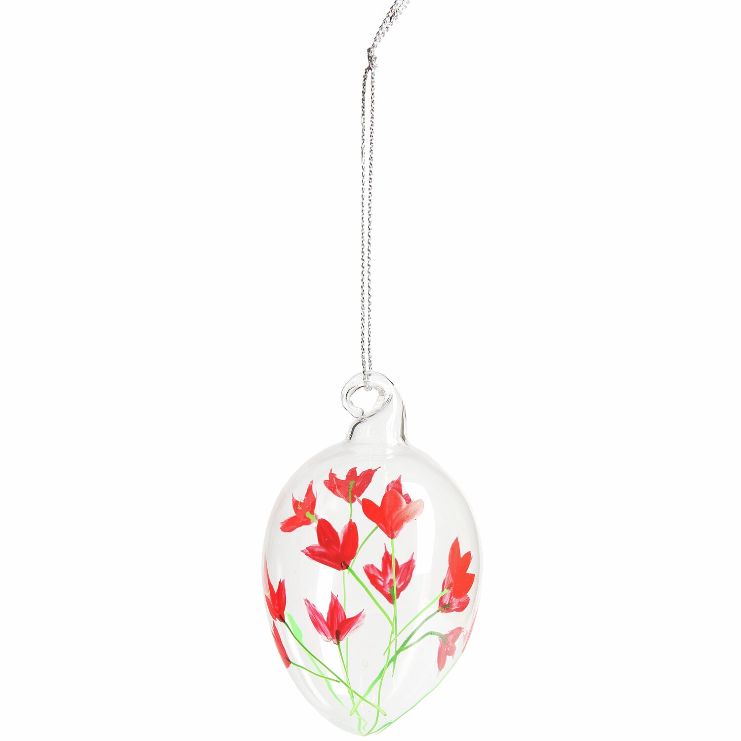 Glas Eier Fliegenpilz/Blumen 4 Stück: Transparente Glasdekoration mit roten Blumenmotiven, ideal für festliche Anlässe. Größe: 8xØ4,5cm.