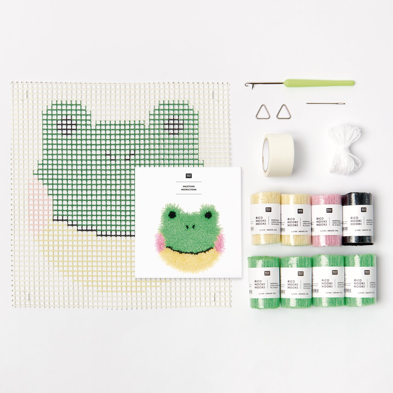 Rico Hooki Hooki Knüpfset Wandbehang Frosch, Ø24cm, inklusive Rico Design Garn, Canvas, Haken und Zubehör für fröhliches Frosch-Wanddekor