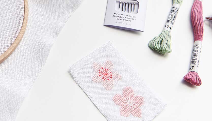 Stickanleitung Lesezeichen mit Kirschblüten Stickanleitung Lesezeichen mit Kirschblüten zeigt ein gesticktes Design auf weißem Stoff, umgeben von Stickgarn und Nadeln.