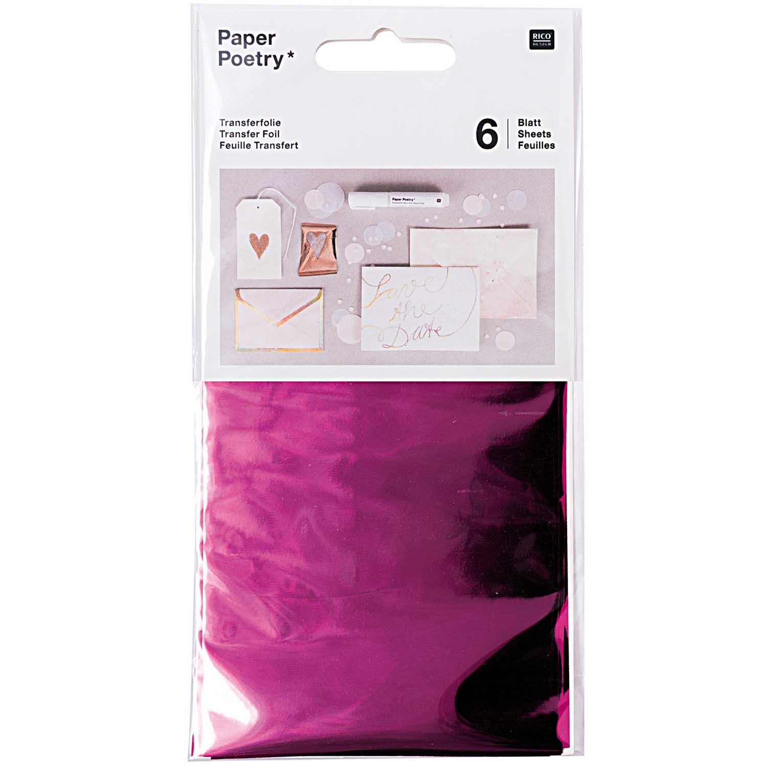 Transferfolie 9x15cm 6 Blatt Farbe Pink von Rico Design Transferfolie 9x15cm 6 Blatt von Rico Design in Pink, ideal für kreative Papierprojekte.