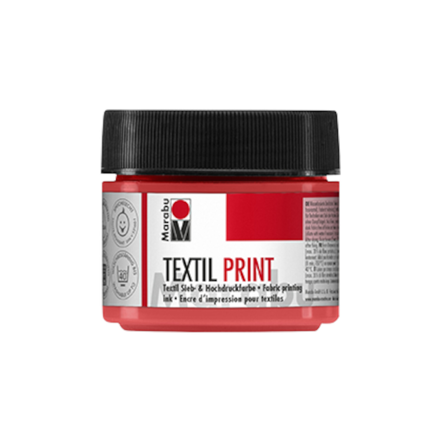 Textil Print Siebdruckfarbe, Pyrrolrot, 100ml. Marabu-Behälter mit schwarzem Deckel, ideal für Textildruck.