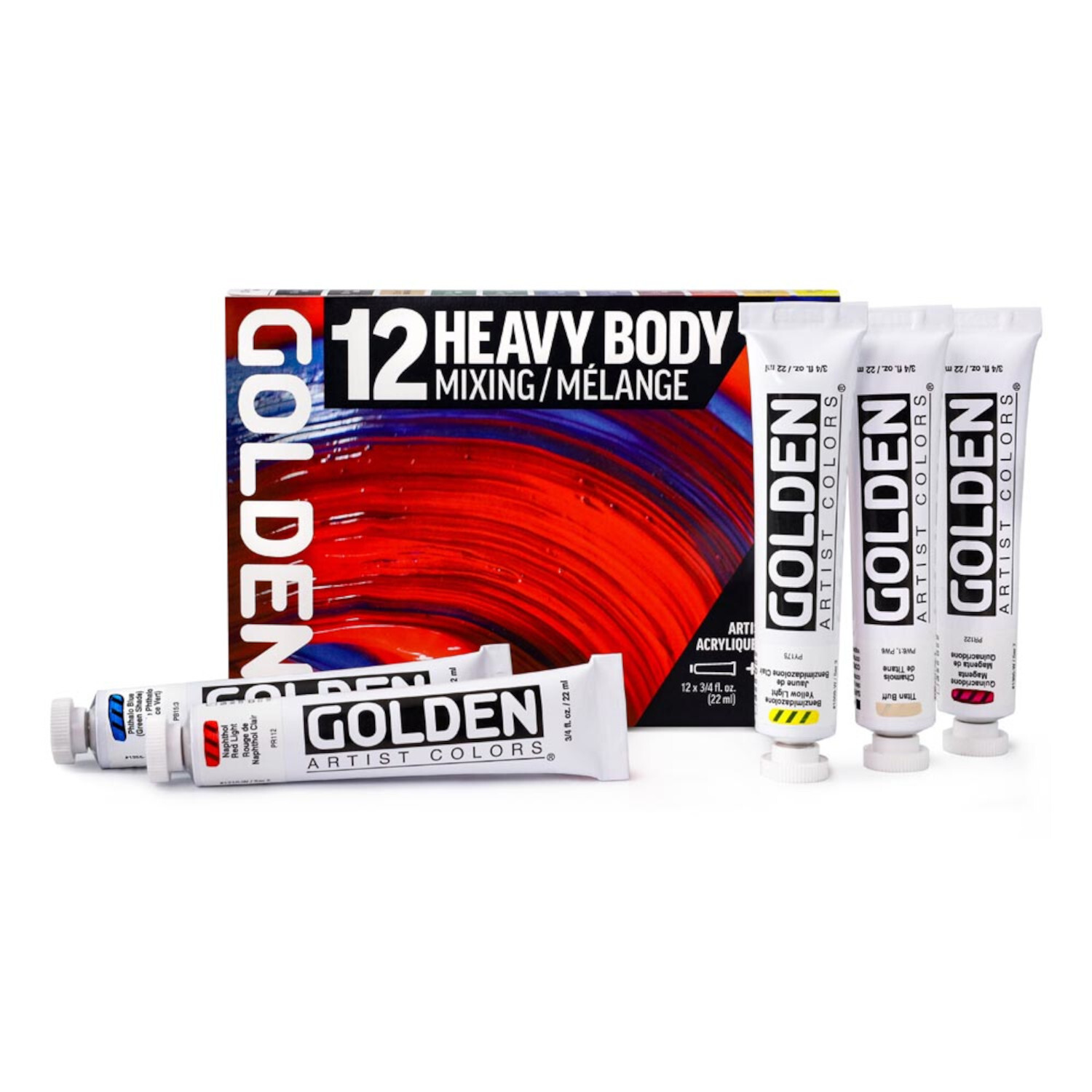 Golden Heavy Body Acrylfarbe Mischset, 13-teilig. Enthält Tuben in verschiedenen Farben vor einer Verpackung mit rotem und blauem Design.
