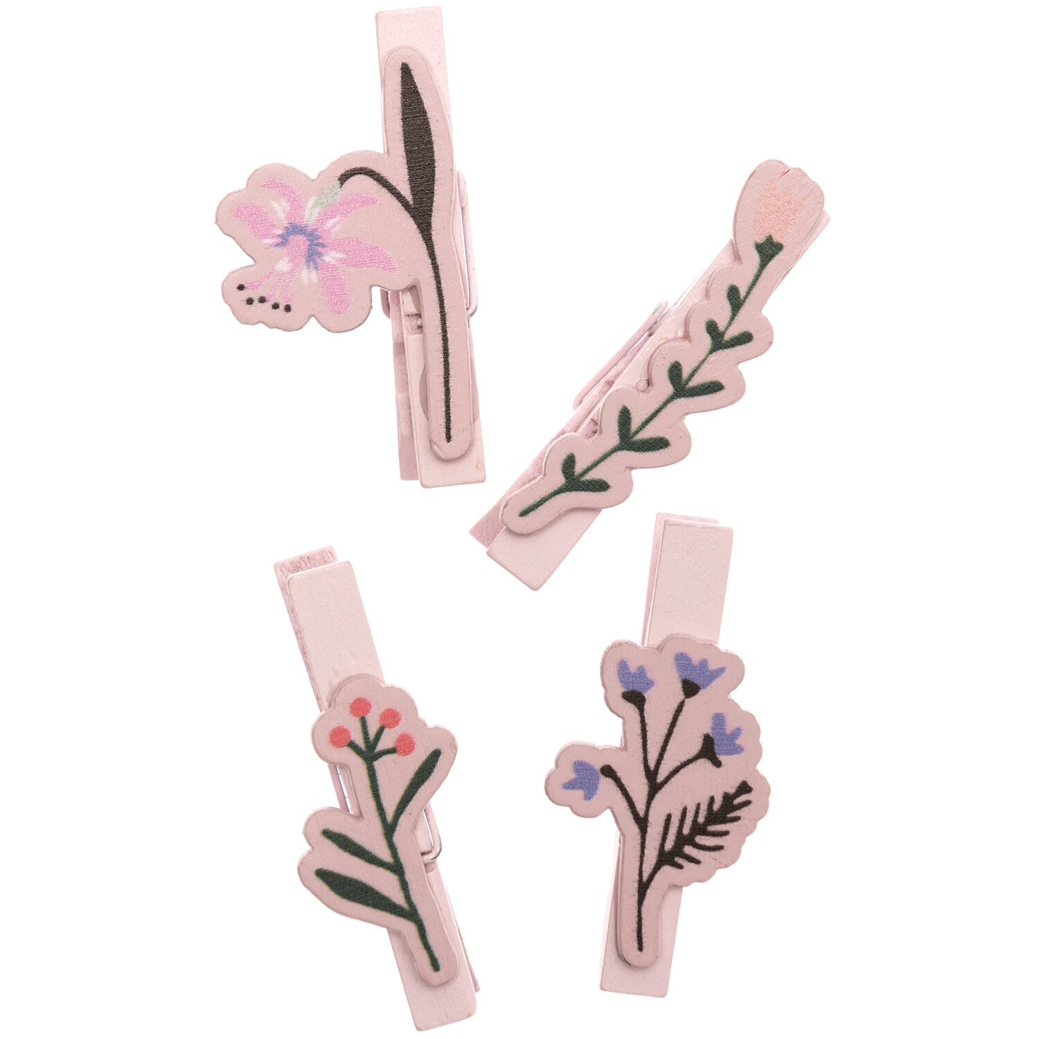 Dekoklammern Blumen Mix rose 4 Stück zeigen florale Designs auf rosa Clips, ideal für kreative Dekorationen.