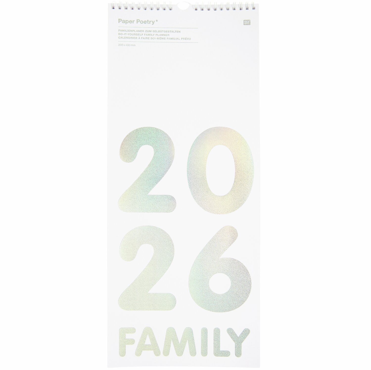 Familienplaner 2026: Weißer Kalender von Rico Design, 20x48cm, mit großen Zahlen und "Family"-Schriftzug.