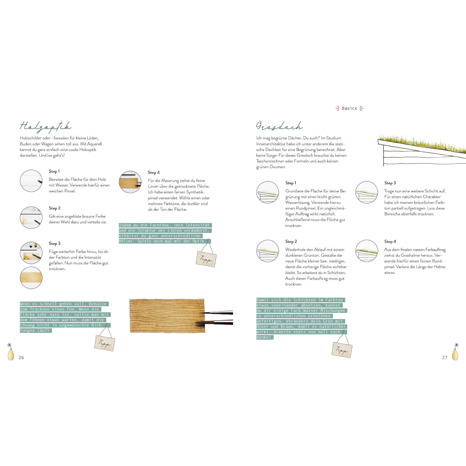 Watercolor - Little Shops: Doppelseite mit Anleitungen und Illustrationen in sanften Farben.